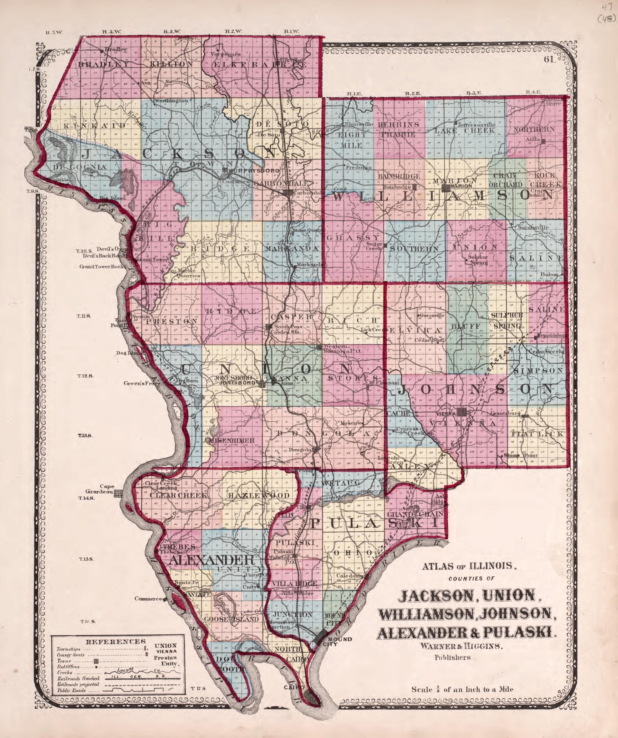 This old map of Jackson, Union, Williamson, Johnson, Alexander &amp; Pulaski from State of Illinois Combined Town, County, State, National and General Atlas from 1870 was created by  Worley &amp; Bracher in 1870