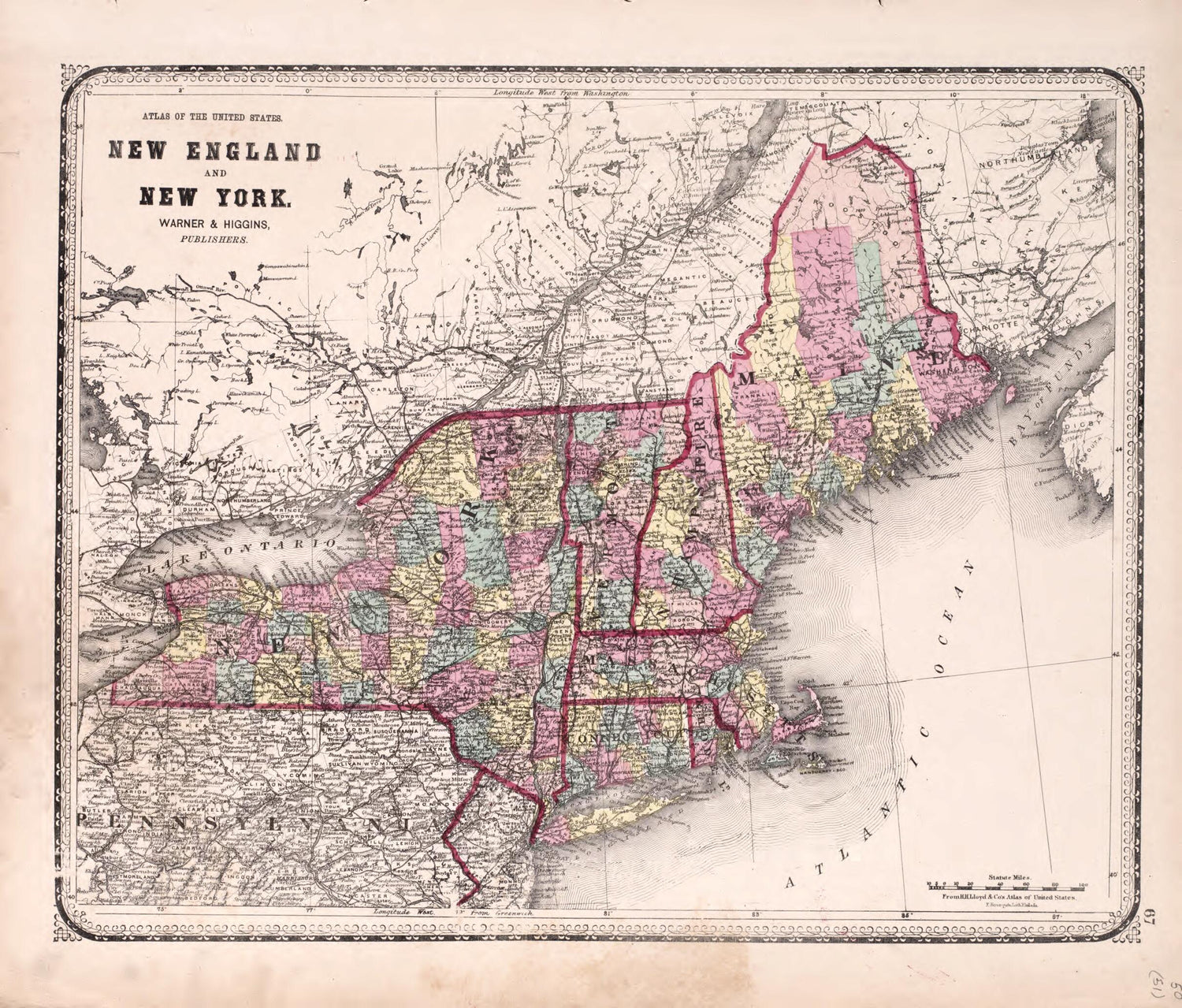 This old map of New England and New York from State of Illinois Combined Town, County, State, National and General Atlas from 1870 was created by  Worley &amp; Bracher in 1870
