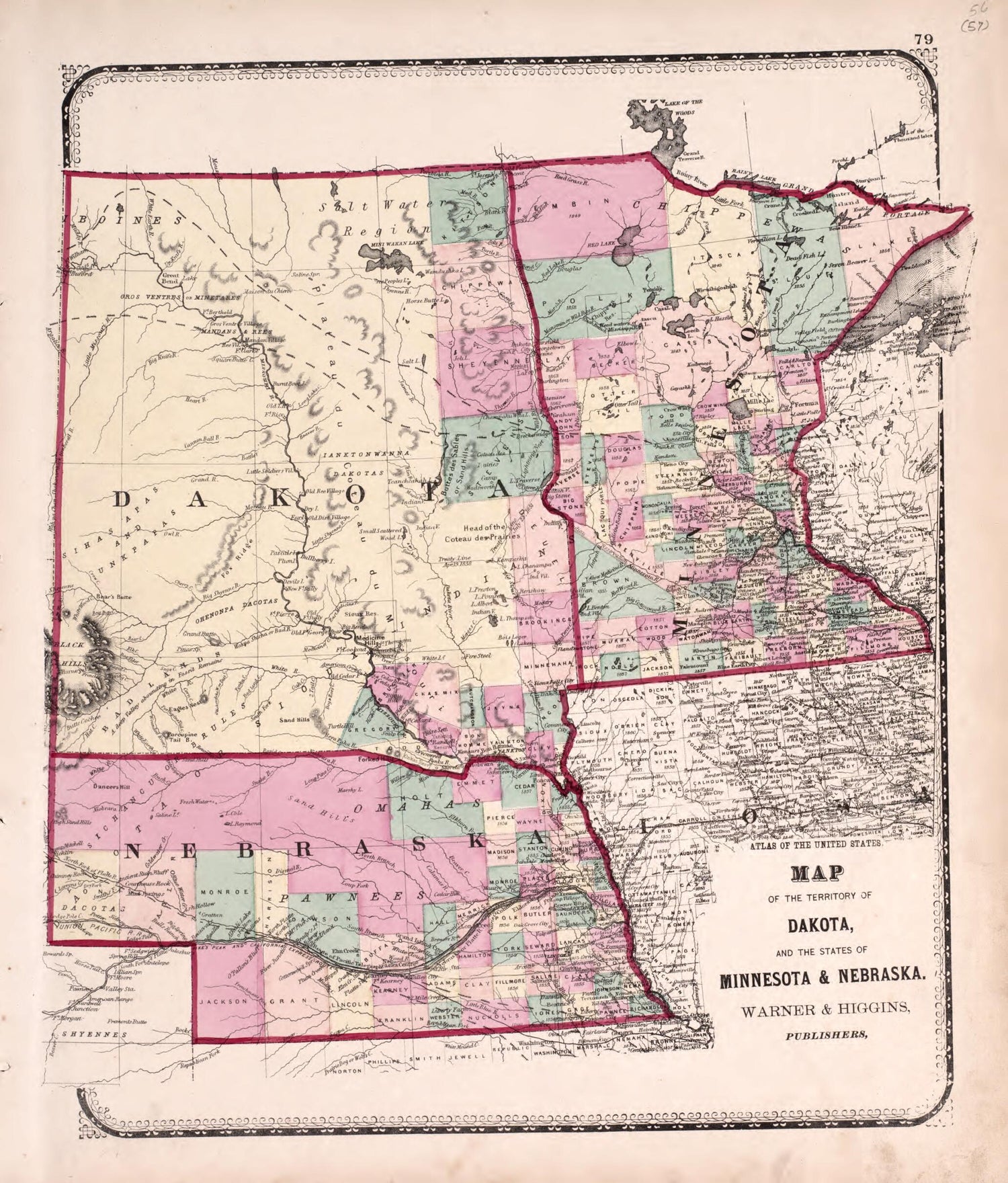 This old map of Territory of Dakota, States of Minnesota &amp; Nebraska from State of Illinois Combined Town, County, State, National and General Atlas from 1870 was created by  Worley &amp; Bracher in 1870