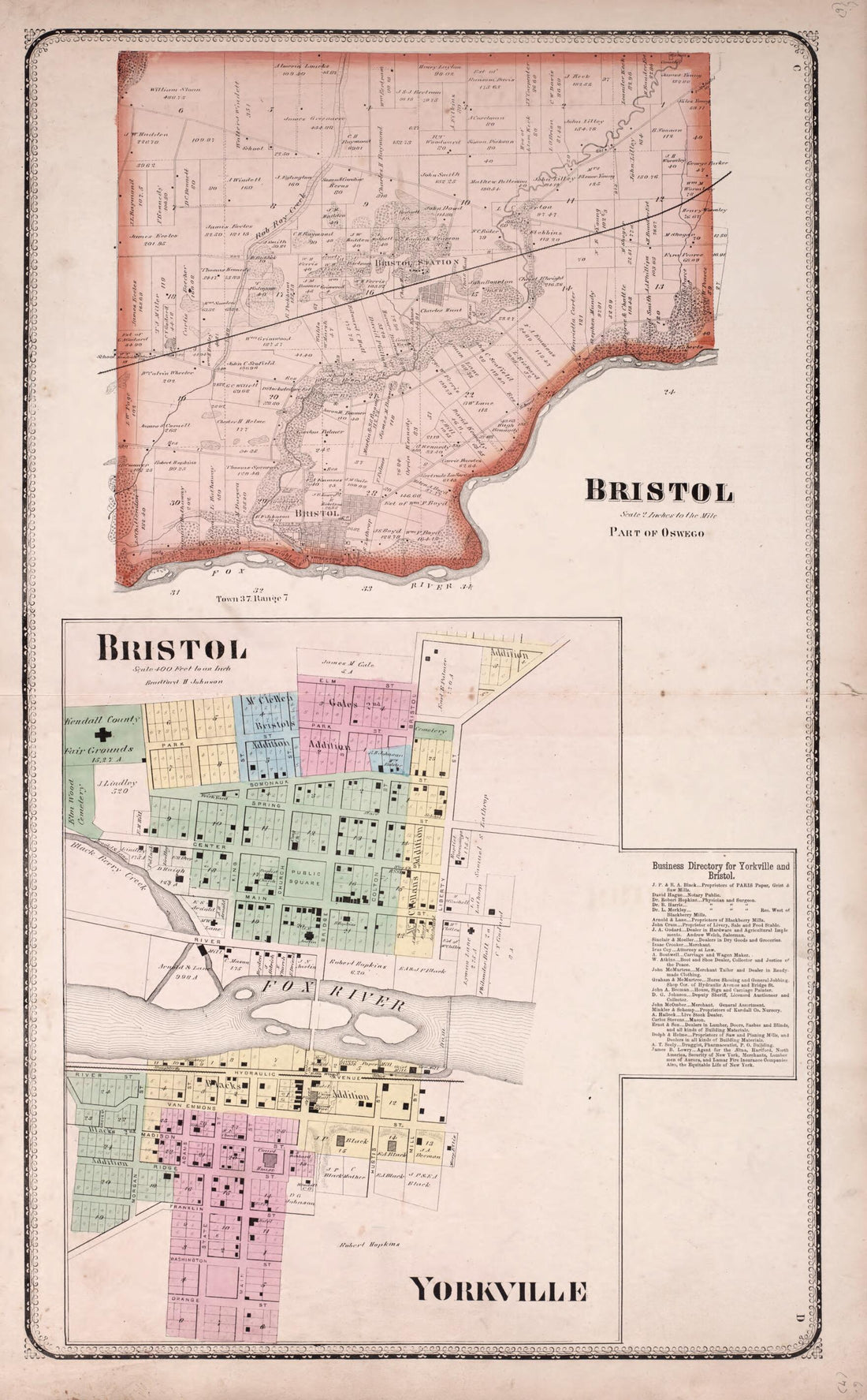 This old map of Bristol - Yorkville from State of Illinois Combined Town, County, State, National and General Atlas from 1870 was created by  Worley &amp; Bracher in 1870