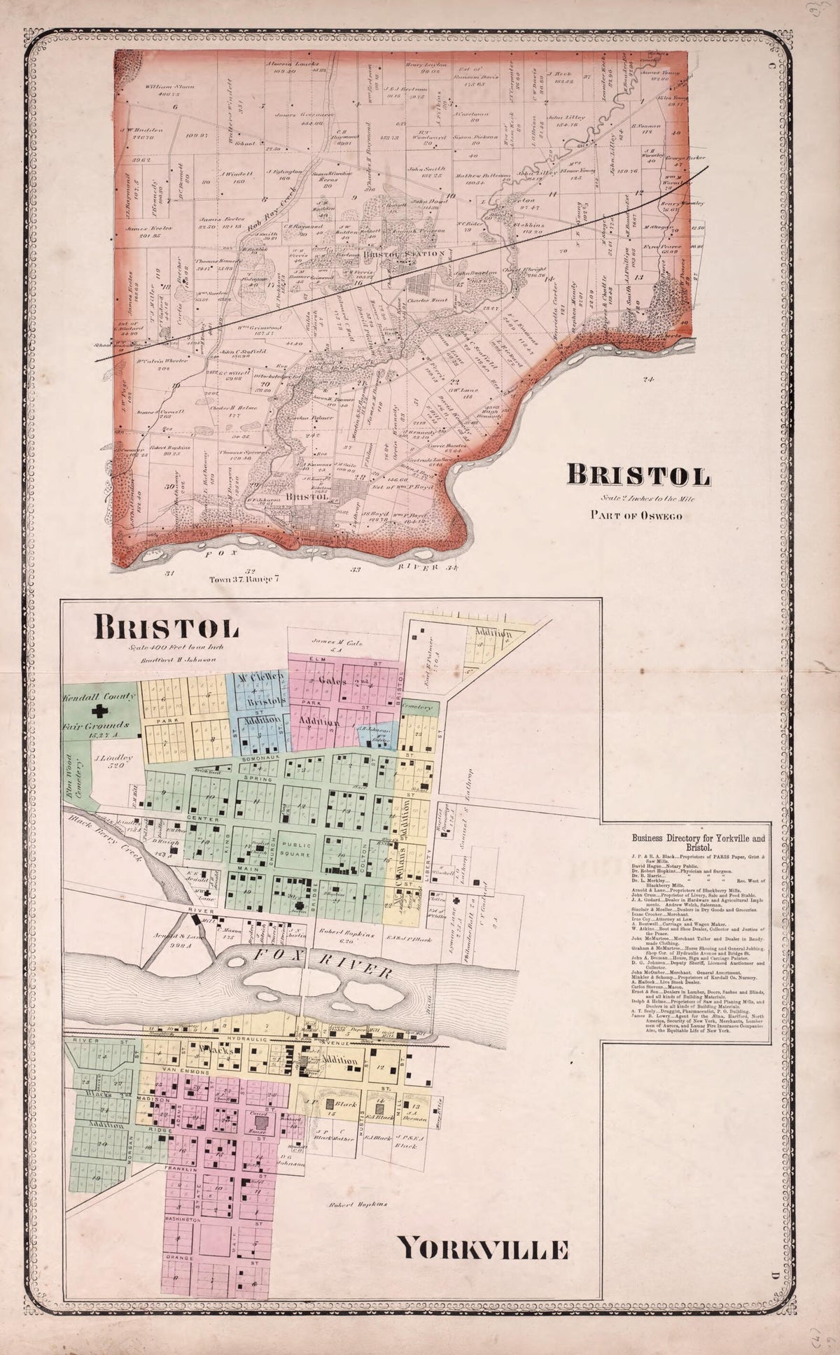 Bristol - Yorkville from State of Illinois Combined Town, County, State, National and General Atlas 1870 by Relic Map Company