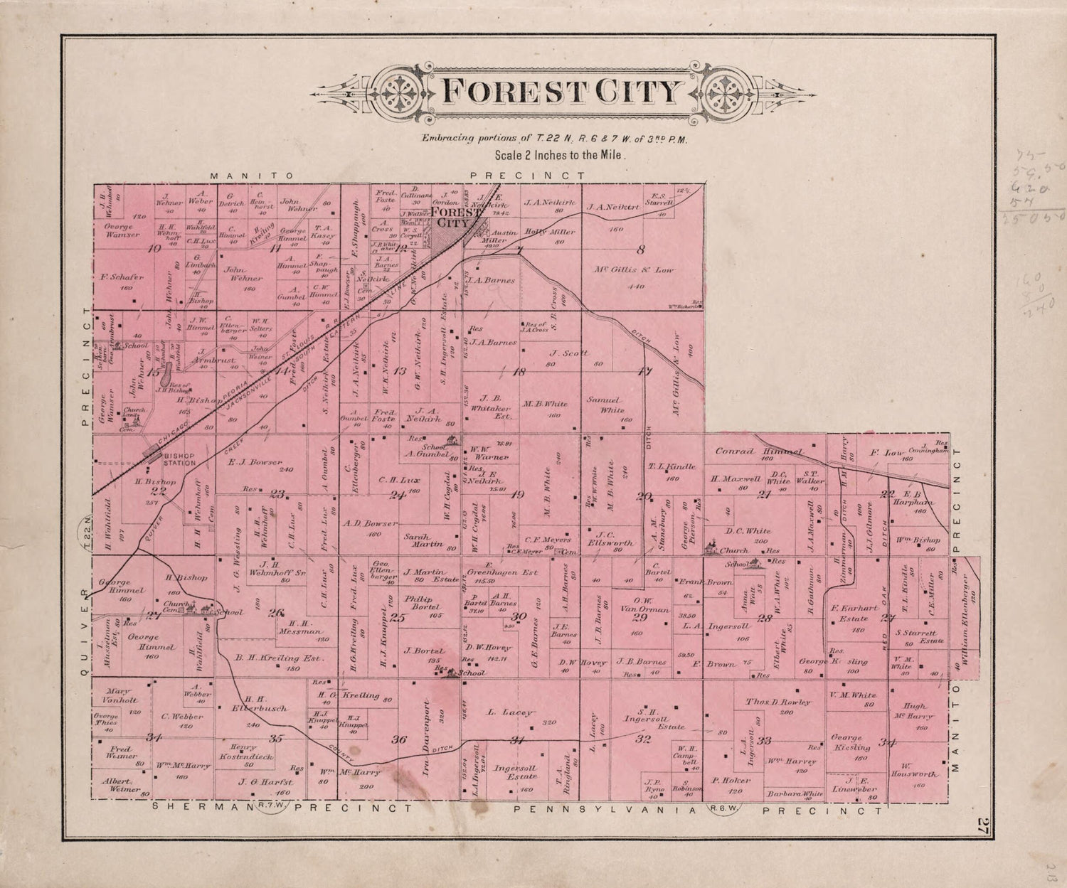 This old map of Forest City from Plat Book of Mason County, Illinois from 1891 was created by Wm. (William) Bracher in 1891
