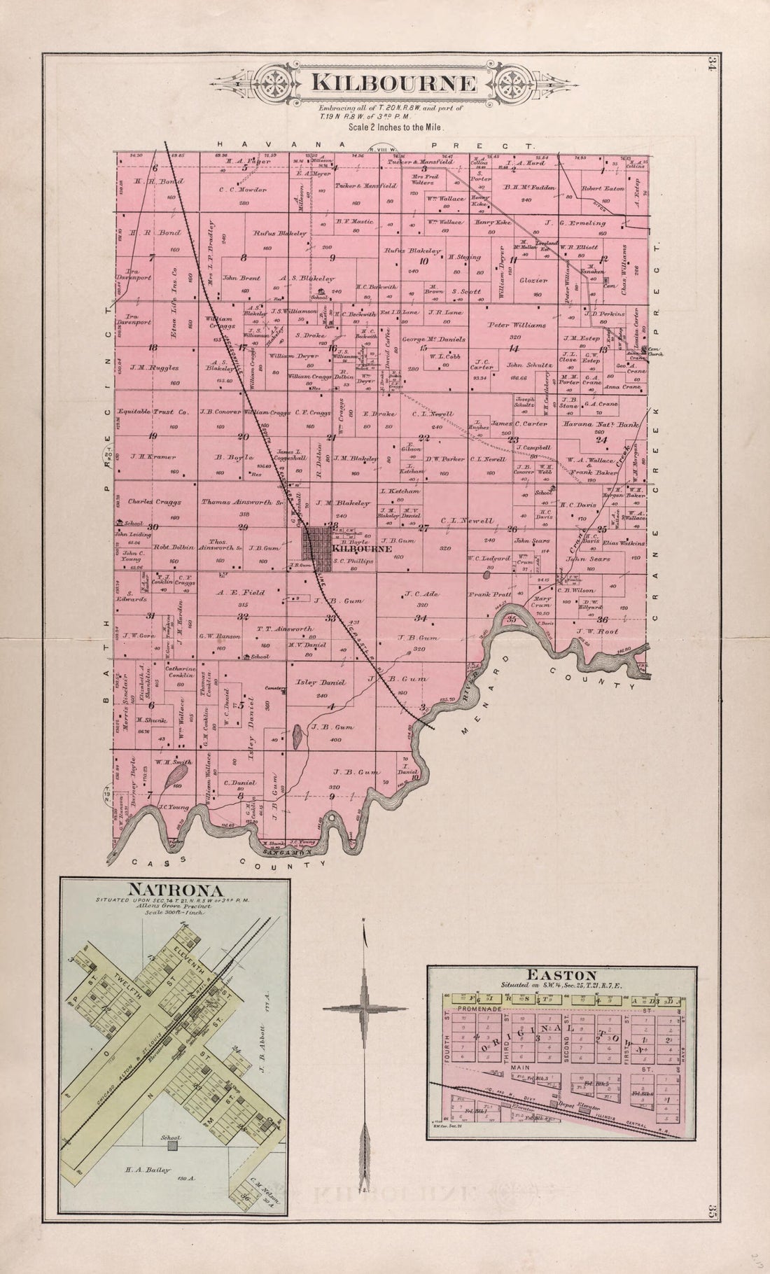 This old map of Kilbourne - Natrona - Easton from Plat Book of Mason County, Illinois from 1891 was created by Wm. (William) Bracher in 1891