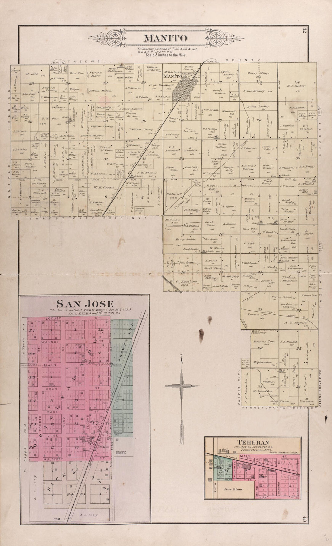 This old map of Manito - San Jose - Teheran from Plat Book of Mason County, Illinois from 1891 was created by Wm. (William) Bracher in 1891