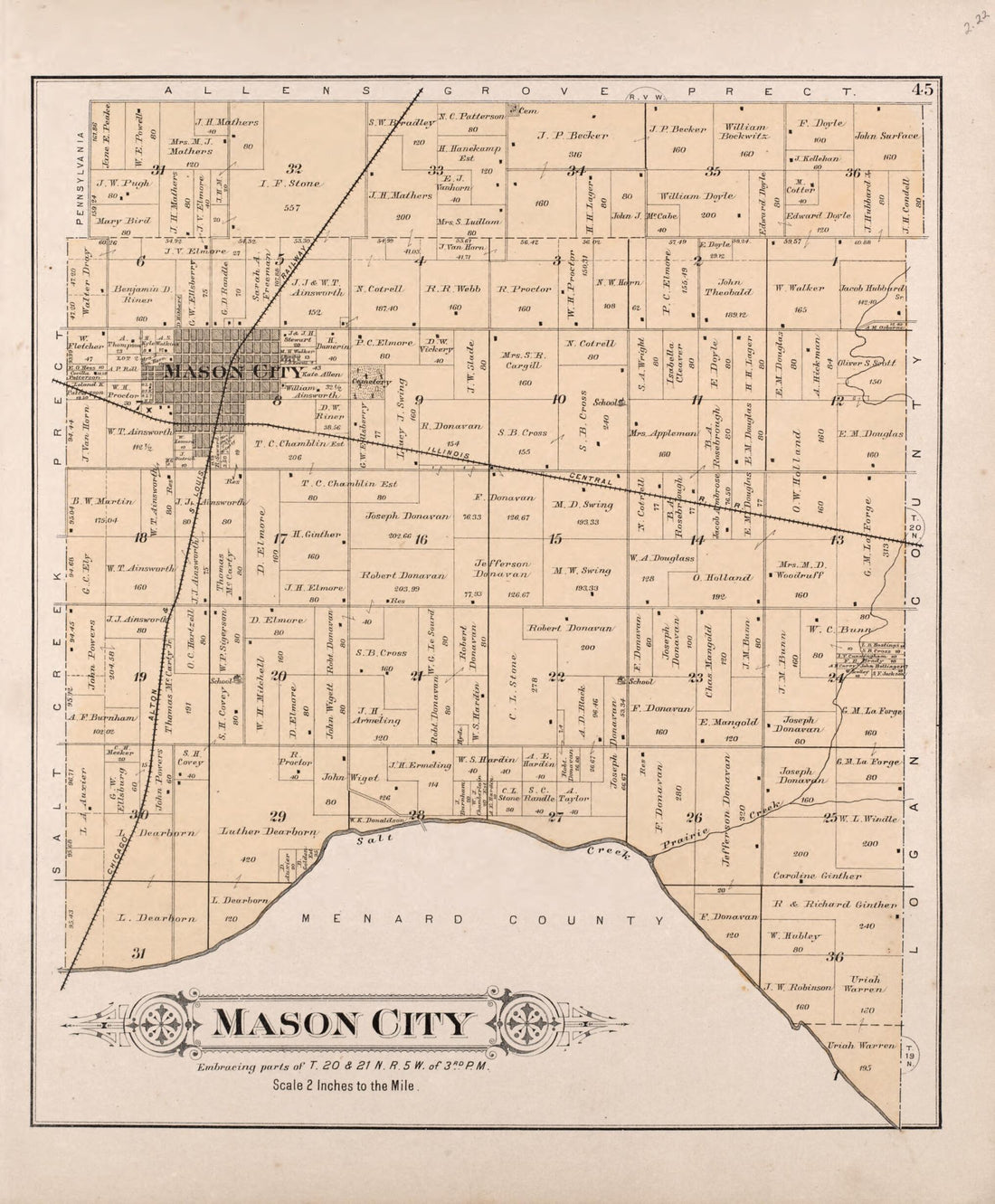 This old map of Mason City from Plat Book of Mason County, Illinois from 1891 was created by Wm. (William) Bracher in 1891