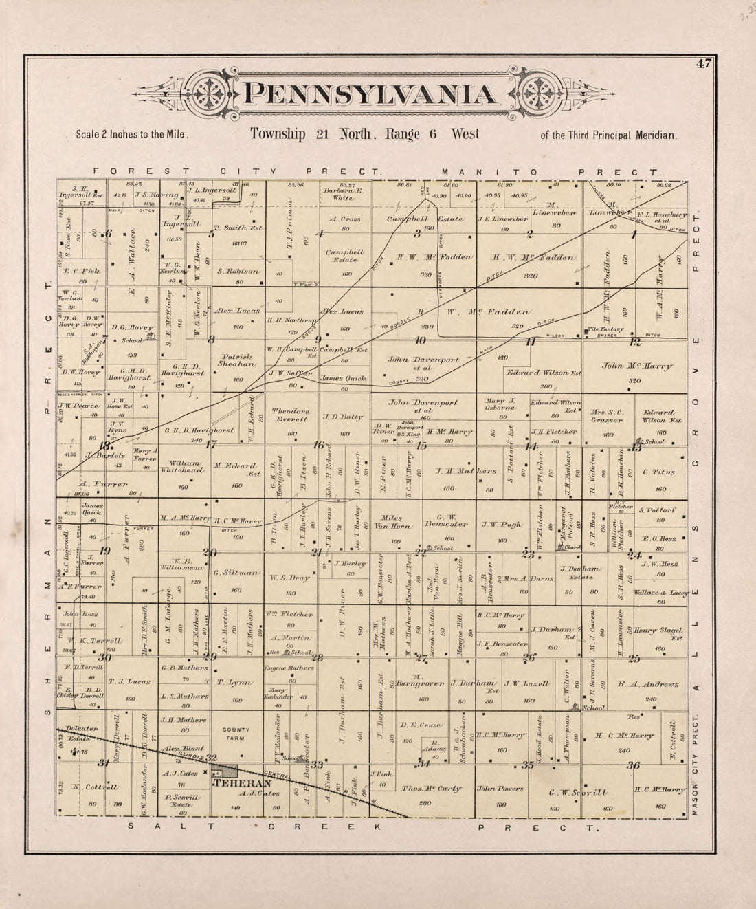 This old map of Pennsylvania from Plat Book of Mason County, Illinois from 1891 was created by Wm. (William) Bracher in 1891