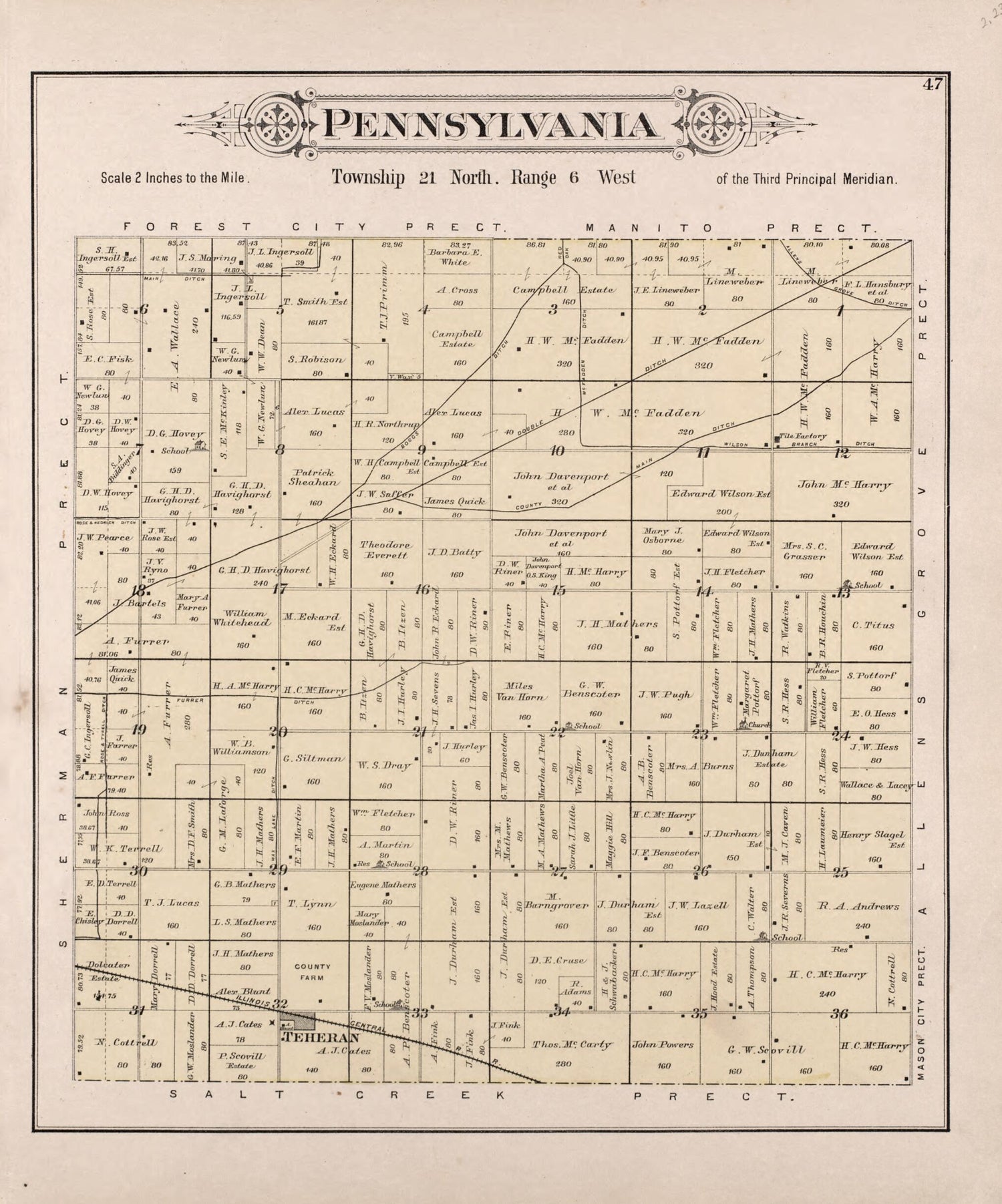 This old map of Pennsylvania from Plat Book of Mason County, Illinois from 1891 was created by Wm. (William) Bracher in 1891
