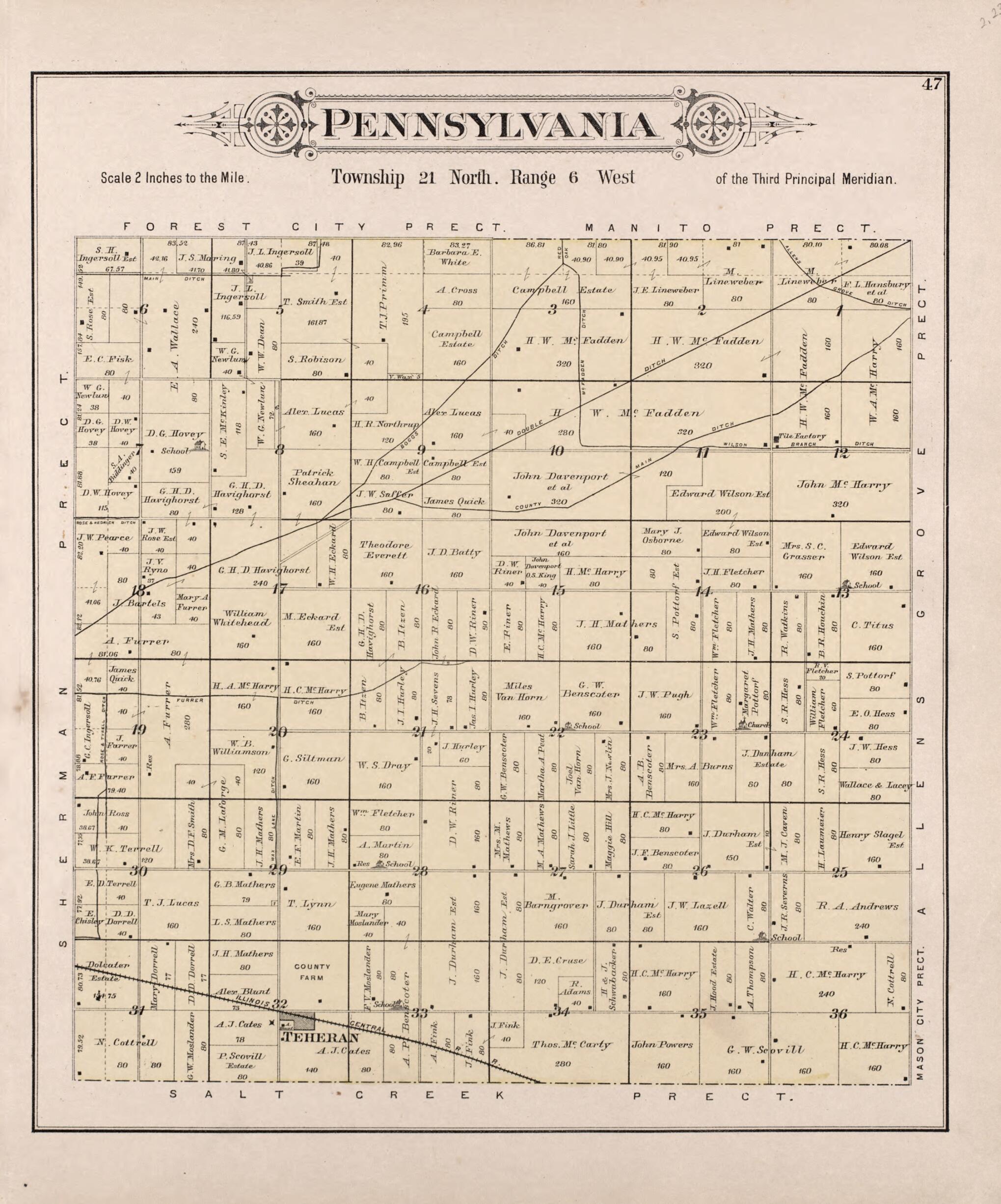 This old map of Pennsylvania from Plat Book of Mason County, Illinois from 1891 was created by Wm. (William) Bracher in 1891