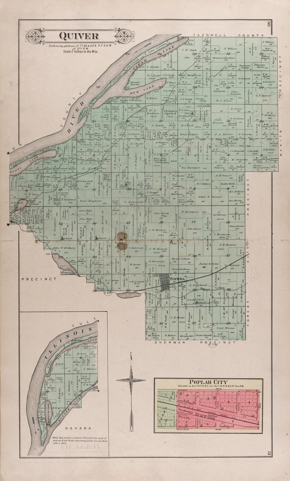 This old map of Quiver - Poplar City from Plat Book of Mason County, Illinois from 1891 was created by Wm. (William) Bracher in 1891