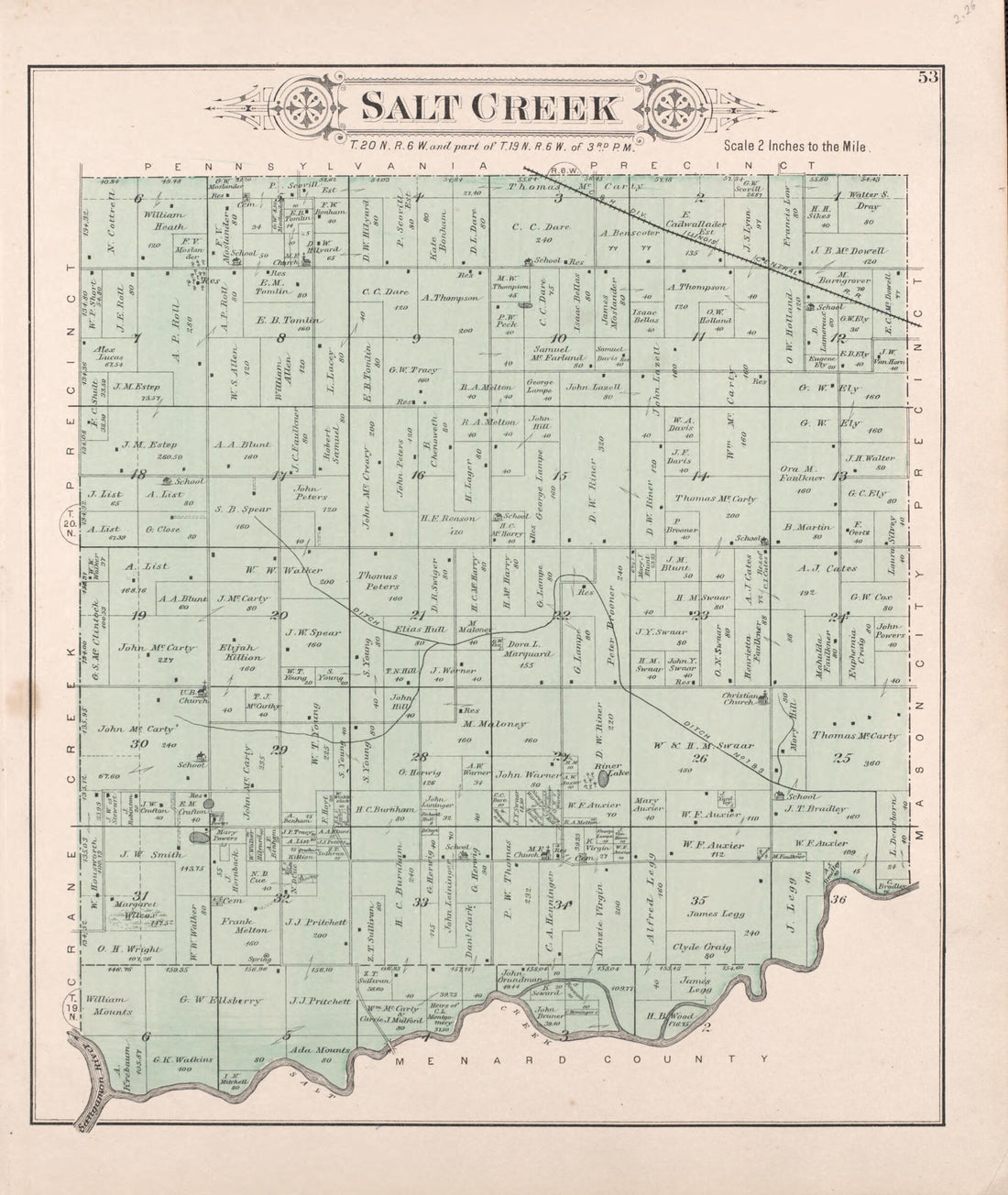 This old map of Salt Creek from Plat Book of Mason County, Illinois from 1891 was created by Wm. (William) Bracher in 1891