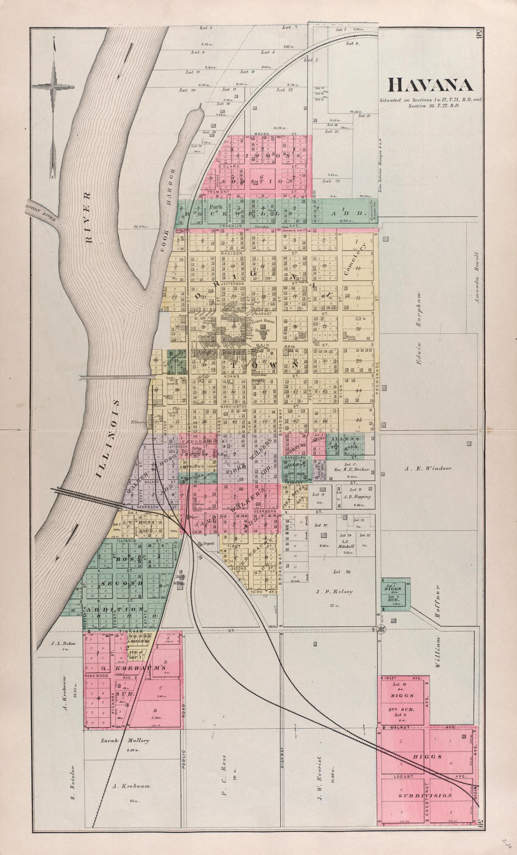 This old map of Havana from Plat Book of Mason County, Illinois from 1891 was created by Wm. (William) Bracher in 1891