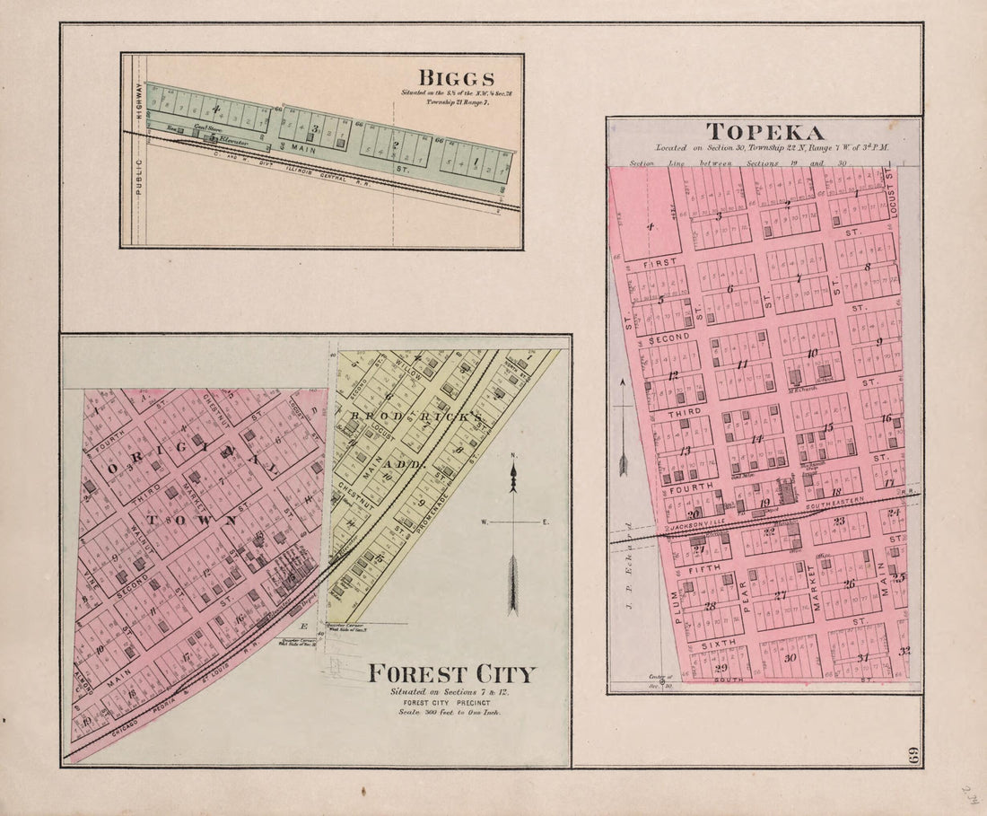 This old map of Biggs - Topeka - Forest City from Plat Book of Mason County, Illinois from 1891 was created by Wm. (William) Bracher in 1891