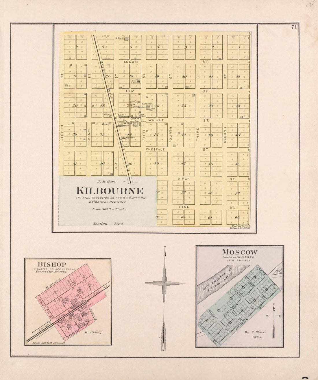 This old map of Kilbourne - Bishop - Moscow from Plat Book of Mason County, Illinois from 1891 was created by Wm. (William) Bracher in 1891