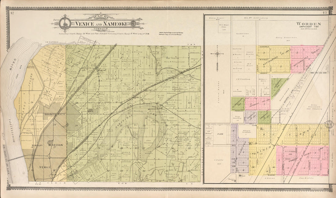 This old map of Venice and Nameoki Township - Worden from Standard Atlas of Madison County, Illinois from 1906 was created by  Geo. A. Ogle &amp; Co in 1906