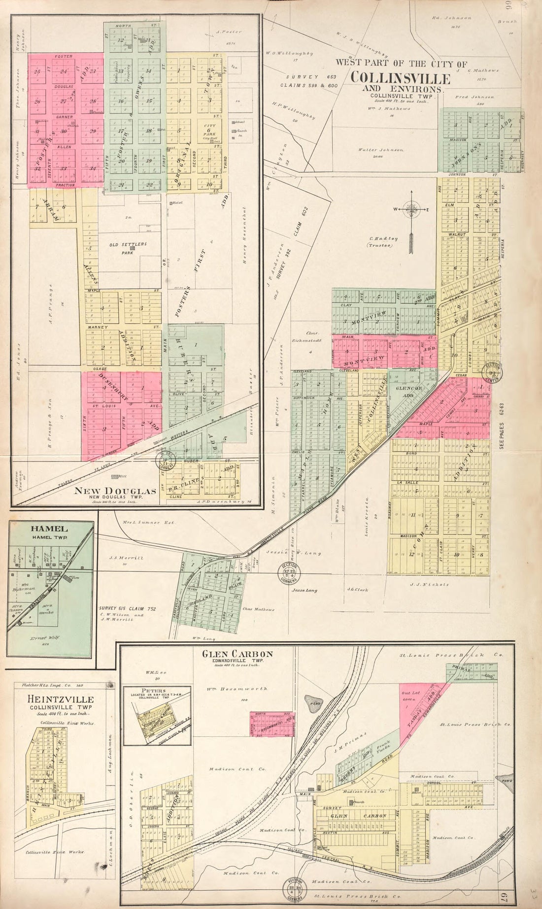 This old map of New Douglas - West Part of Collinsvile- Hamel - Heintzville - Glen Carbon from Standard Atlas of Madison County, Illinois from 1906 was created by  Geo. A. Ogle &amp; Co in 1906