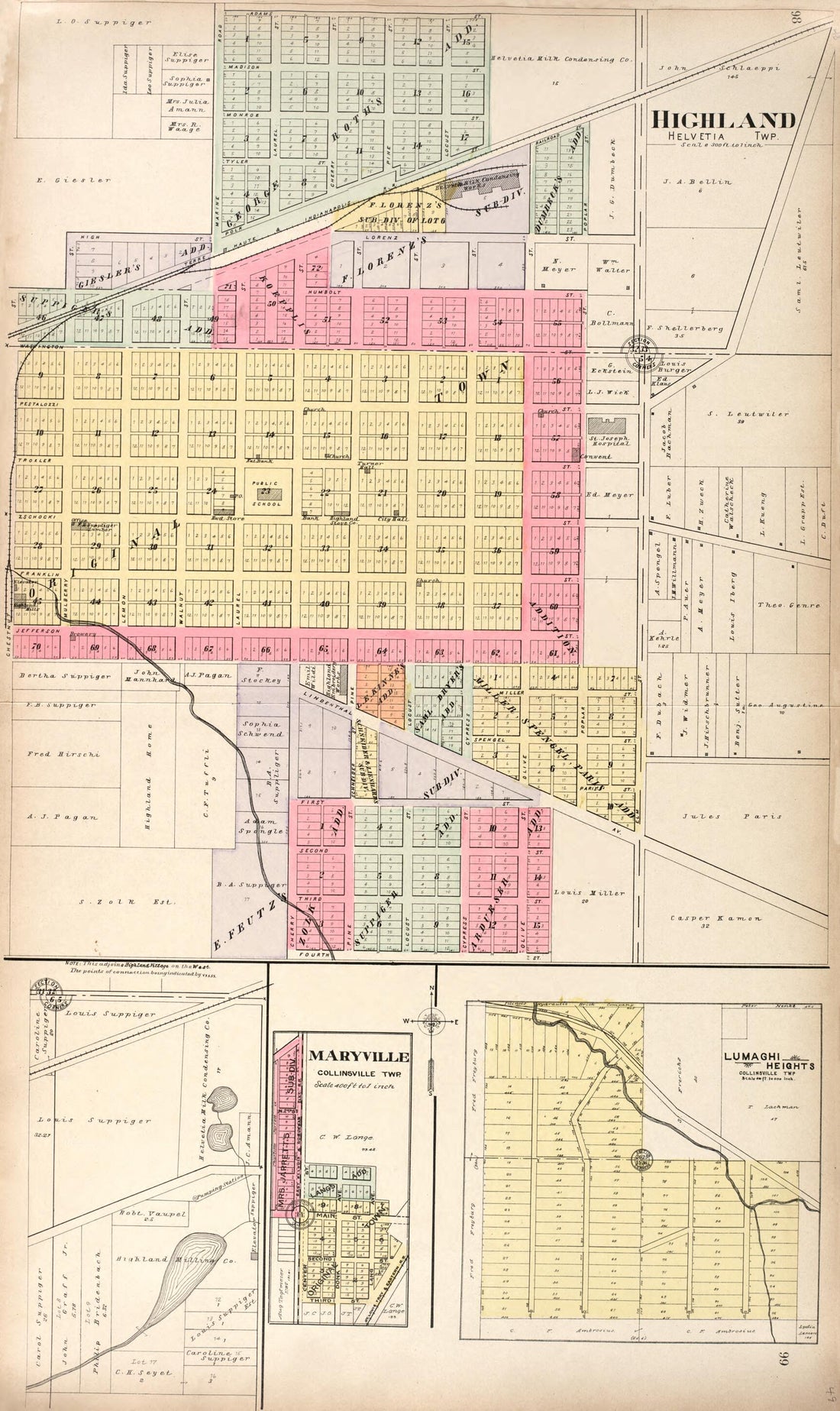 This old map of Highland - Maryville - Lumaghi Heights from Standard Atlas of Madison County, Illinois from 1906 was created by  Geo. A. Ogle &amp; Co in 1906