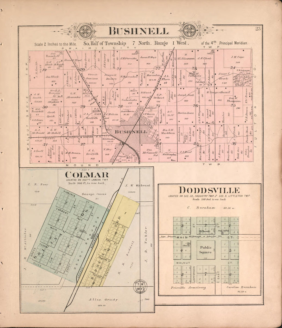 This old map of Bushnell, Colmar, and Doddsville from Plat Book of McDonough County, Illinois from 1893 was created by  Occidental Publishing Company in 1893