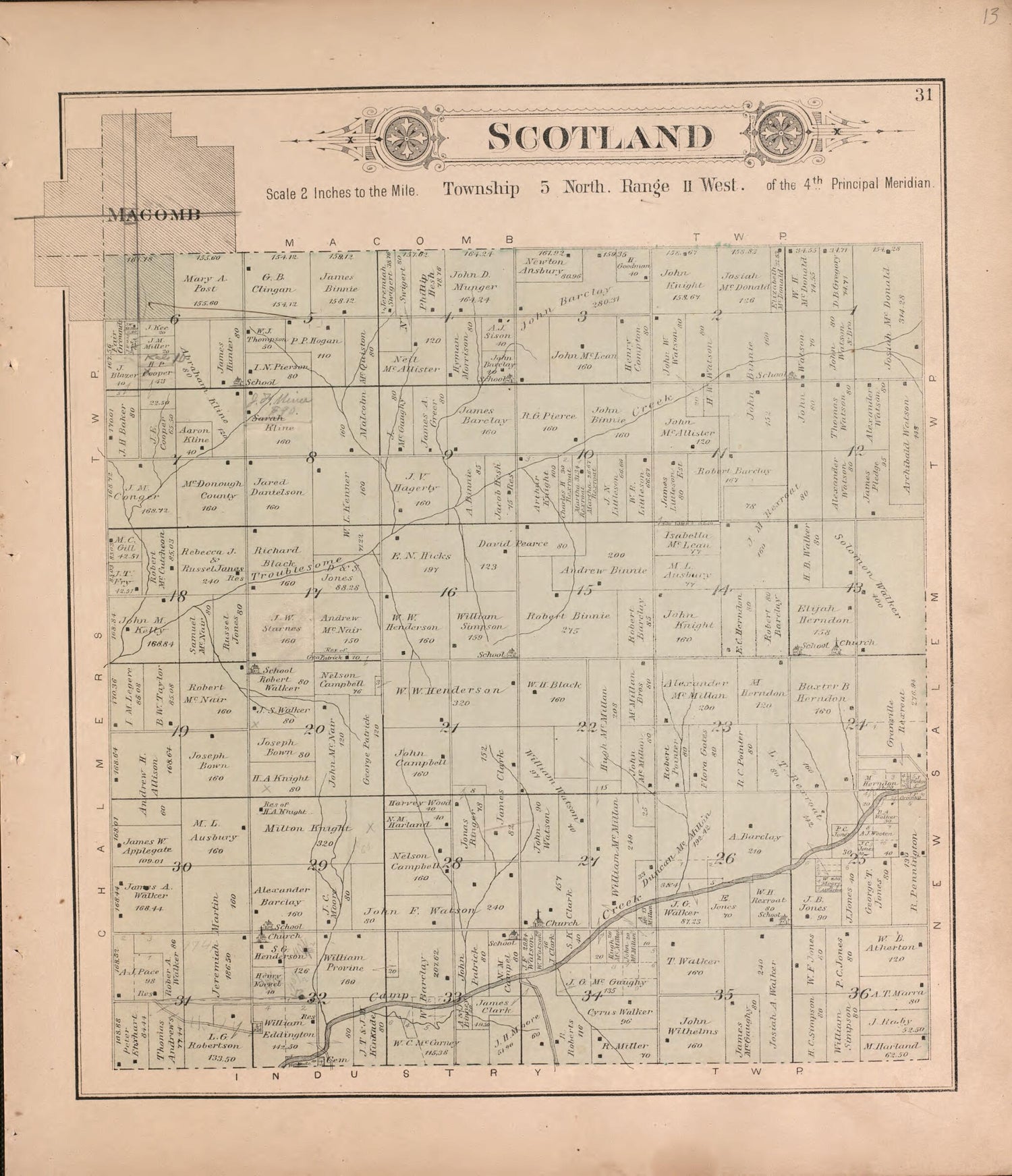 This old map of Scotland from Plat Book of McDonough County, Illinois from 1893 was created by  Occidental Publishing Company in 1893