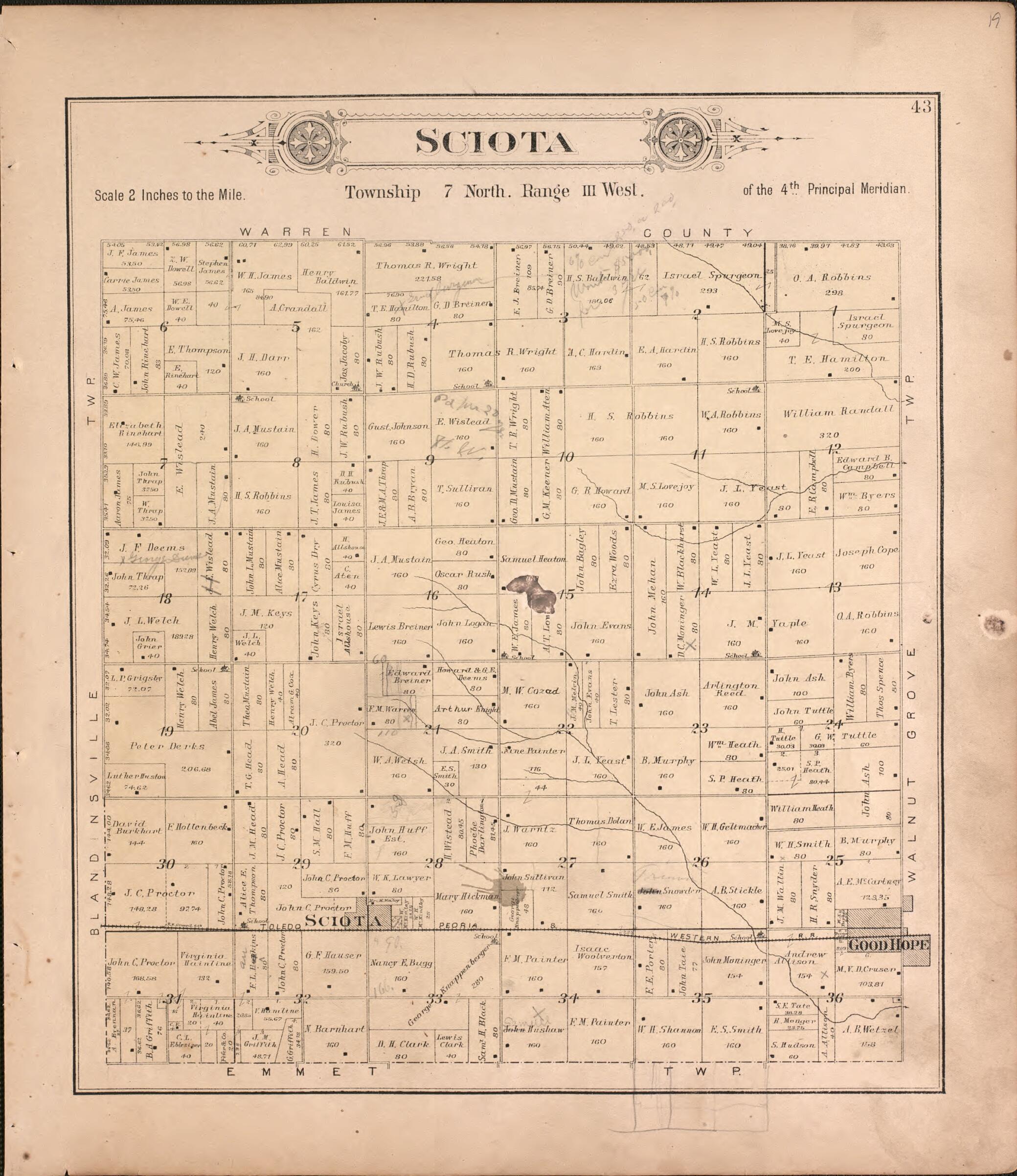 This old map of Sciota from Plat Book of McDonough County, Illinois from 1893 was created by  Occidental Publishing Company in 1893