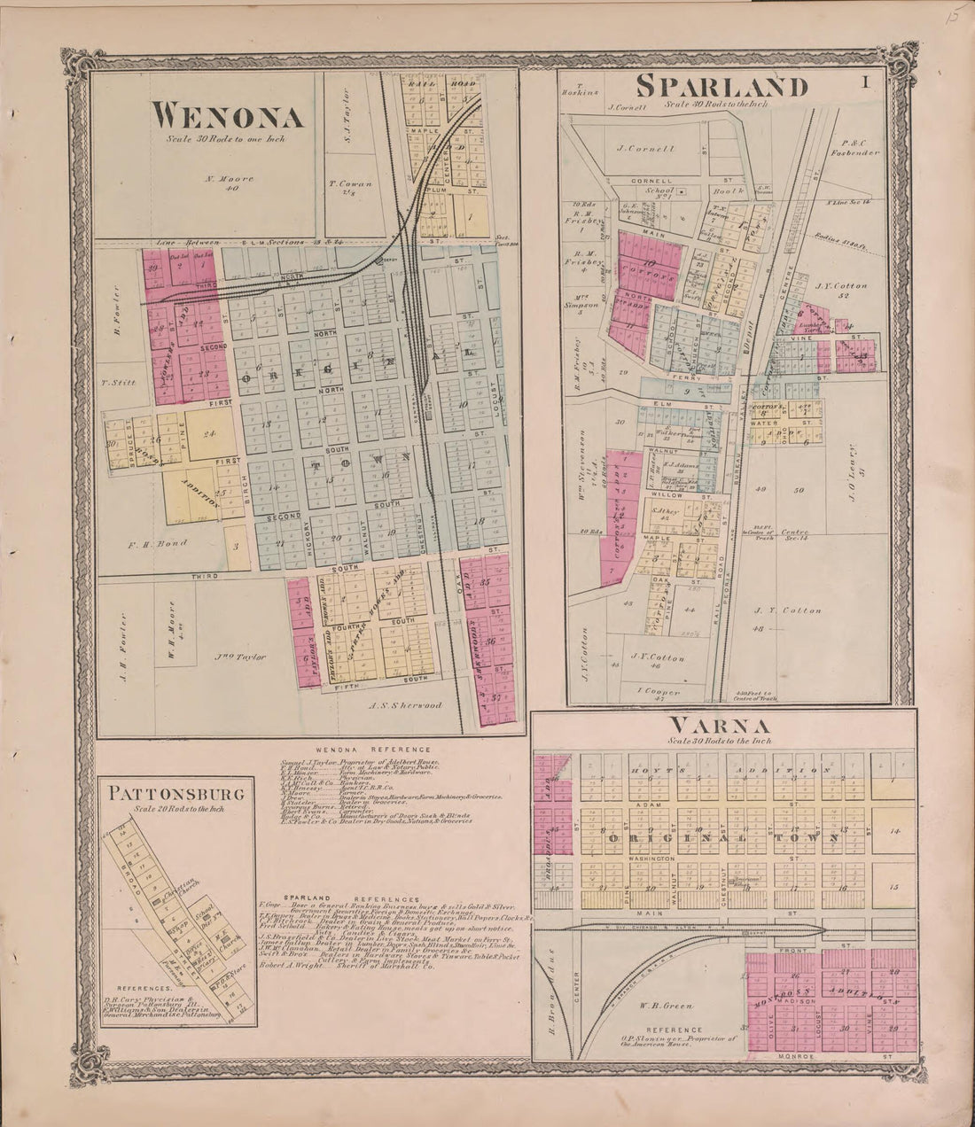 This old map of Wenona and Sparland from State of Illinois Combined Town, County, State, National and General Atlas from 1870 was created by  Warner &amp; Beers in 1870
