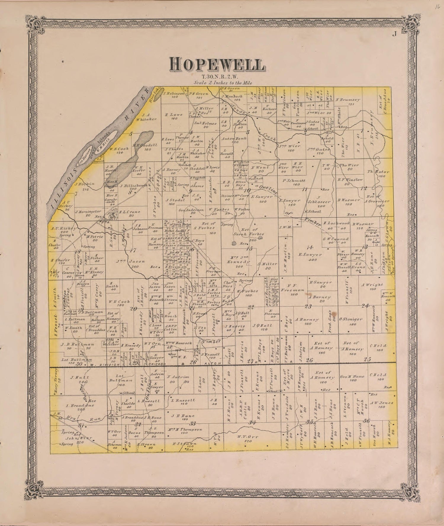 This old map of Hopewell from State of Illinois Combined Town, County, State, National and General Atlas from 1870 was created by  Warner &amp; Beers in 1870