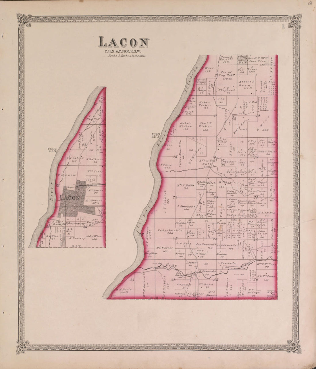 This old map of Lacon from State of Illinois Combined Town, County, State, National and General Atlas from 1870 was created by  Warner &amp; Beers in 1870