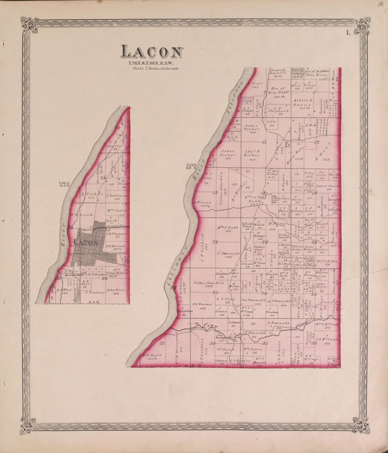 This old map of Lacon from State of Illinois Combined Town, County, State, National and General Atlas from 1870 was created by  Warner &amp; Beers in 1870