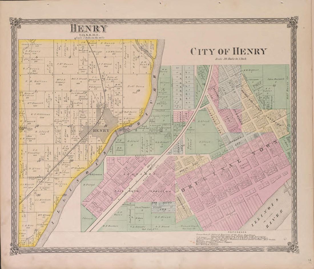This old map of Henry from State of Illinois Combined Town, County, State, National and General Atlas from 1870 was created by  Warner &amp; Beers in 1870