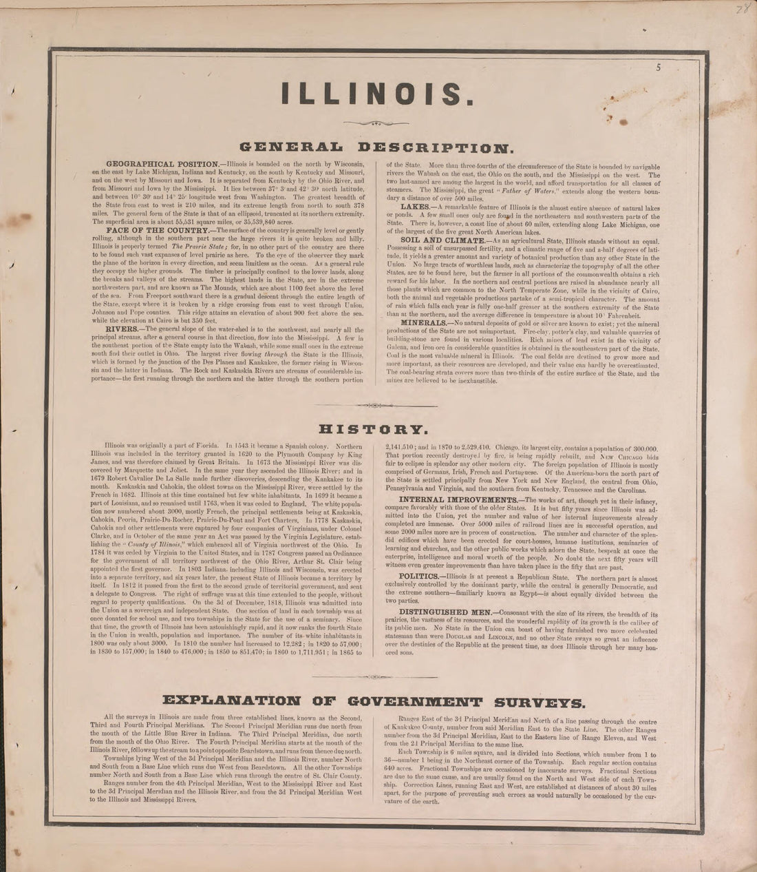 This old map of Illinois, General Description from State of Illinois Combined Town, County, State, National and General Atlas from 1870 was created by  Warner &amp; Beers in 1870
