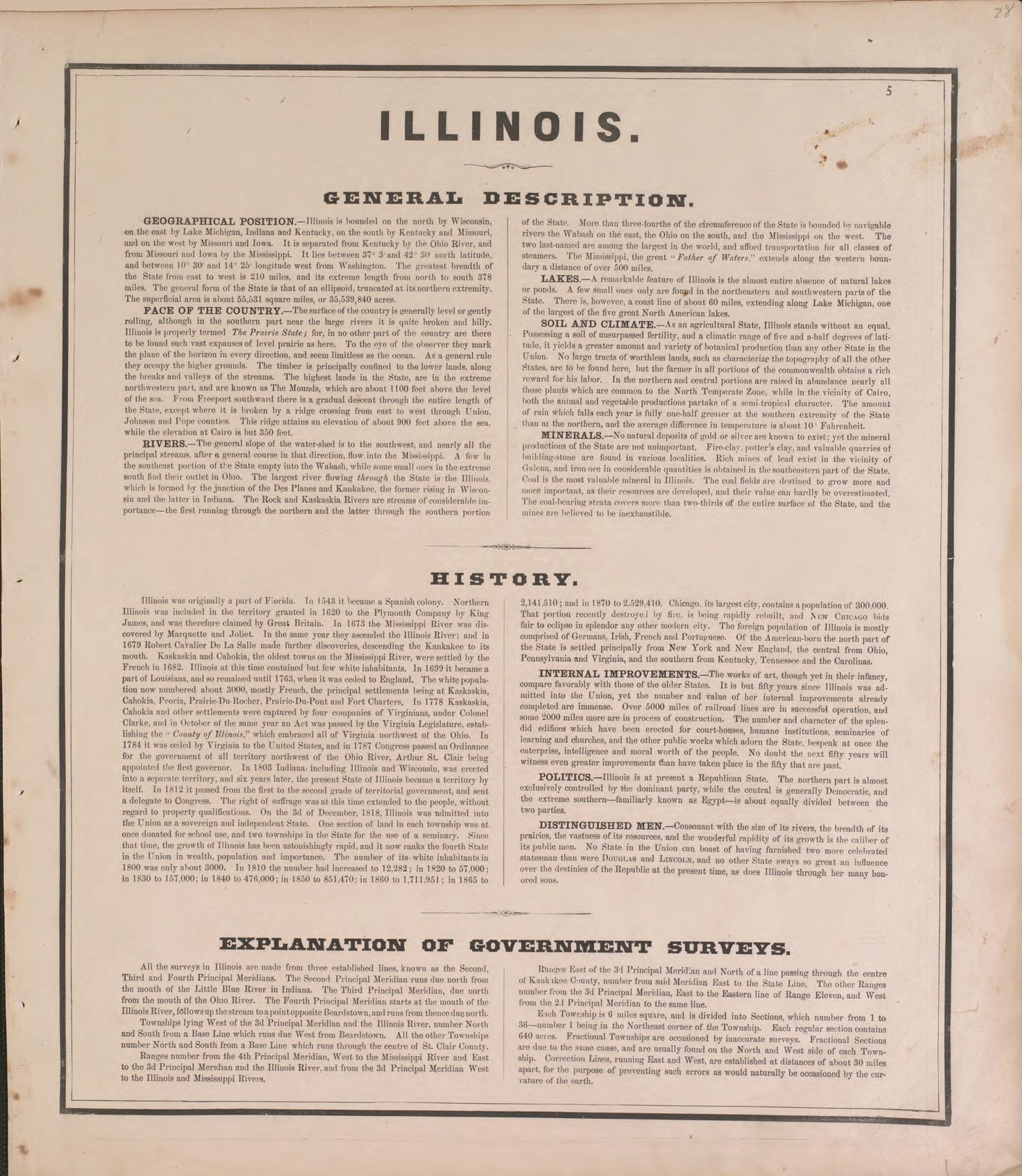 This old map of Illinois, General Description from State of Illinois Combined Town, County, State, National and General Atlas from 1870 was created by  Warner &amp; Beers in 1870