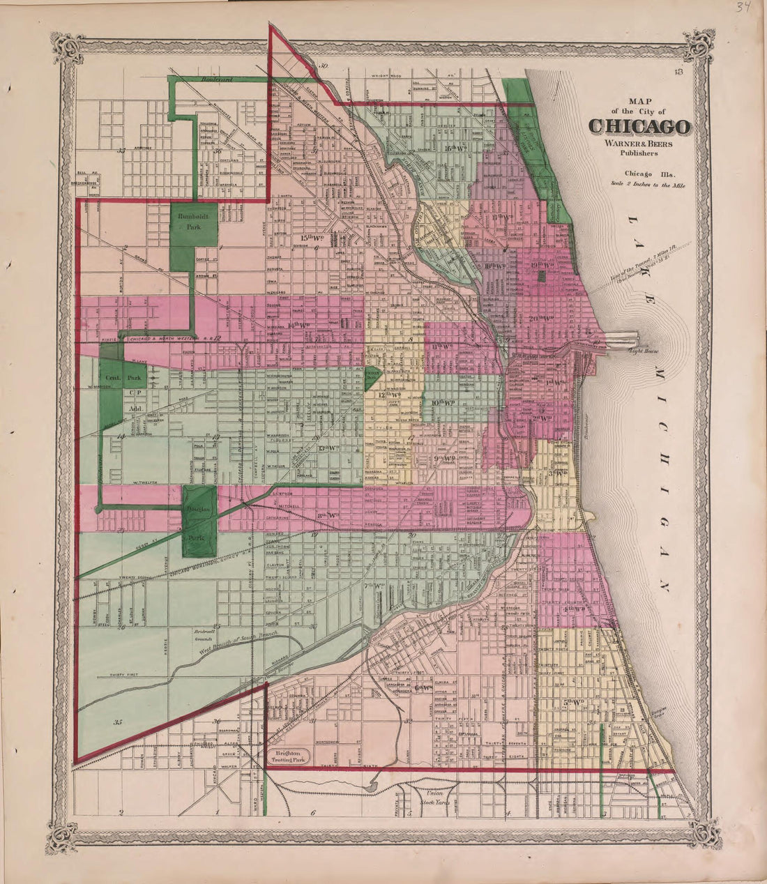 This old map of Map of the City of Chicago from State of Illinois Combined Town, County, State, National and General Atlas from 1870 was created by  Warner &amp; Beers in 1870