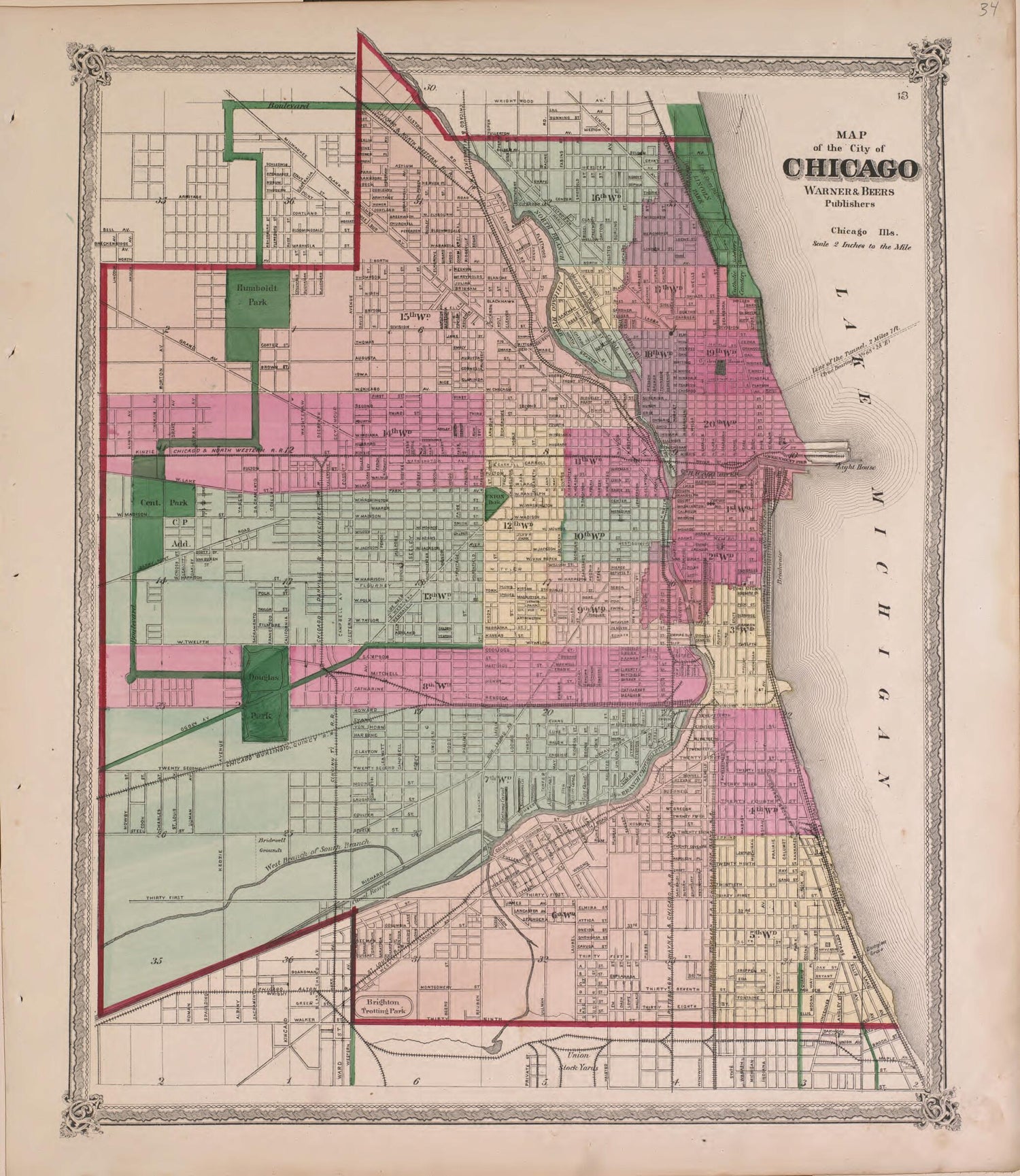 This old map of Map of the City of Chicago from State of Illinois Combined Town, County, State, National and General Atlas from 1870 was created by  Warner &amp; Beers in 1870