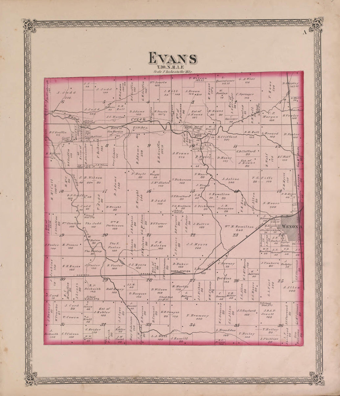 This old map of Evans from State of Illinois Combined Town, County, State, National and General Atlas from 1870 was created by  Warner &amp; Beers in 1870