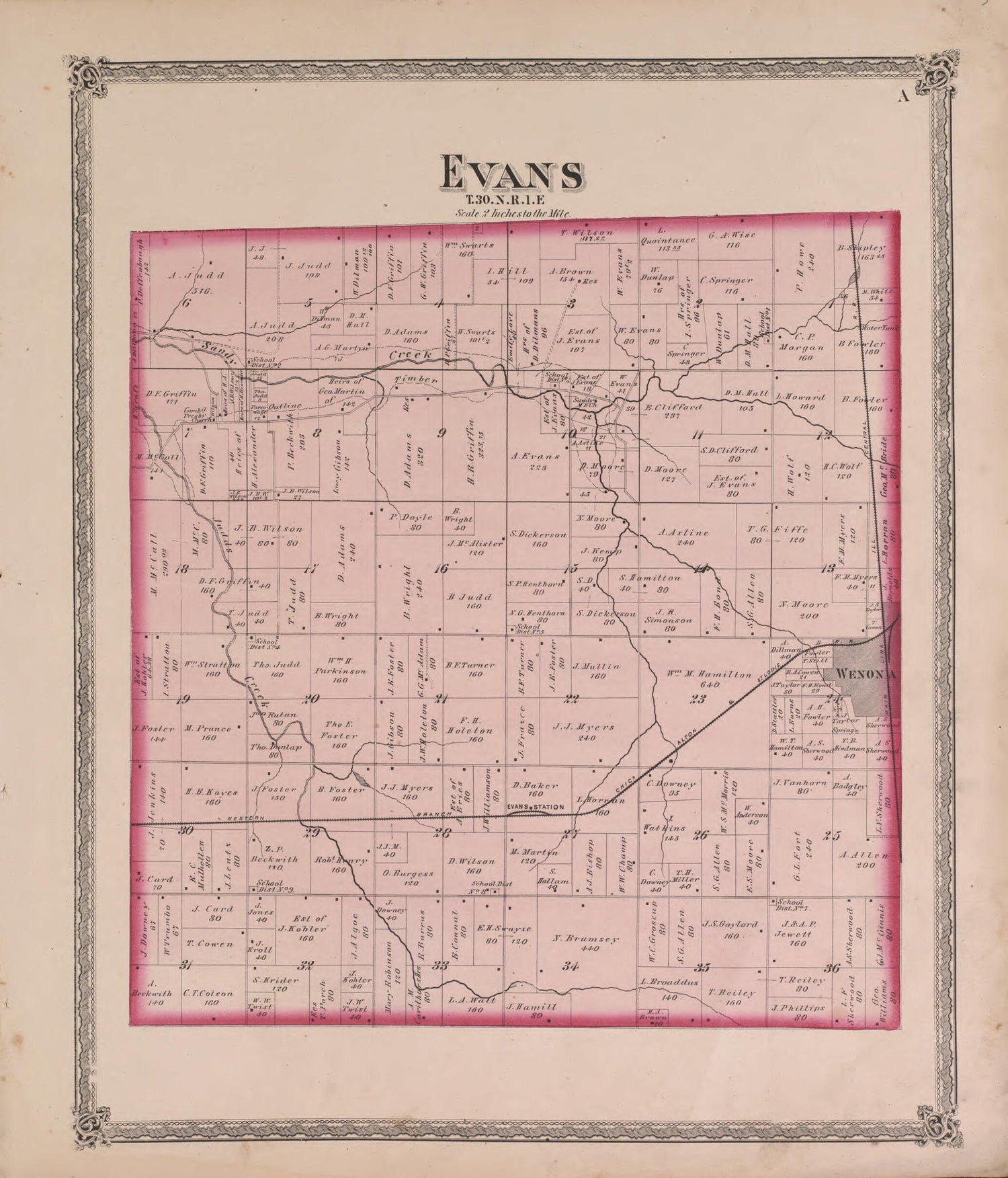This old map of Evans from State of Illinois Combined Town, County, State, National and General Atlas from 1870 was created by  Warner &amp; Beers in 1870