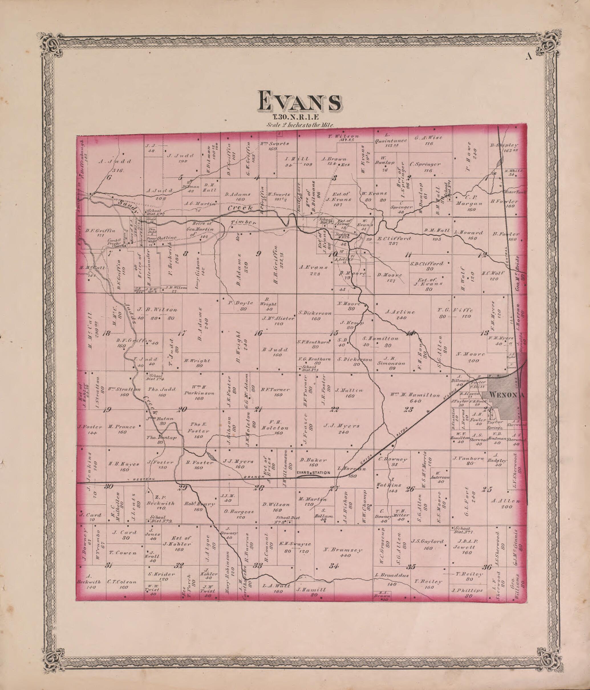 This old map of Evans from State of Illinois Combined Town, County, State, National and General Atlas from 1870 was created by  Warner &amp; Beers in 1870