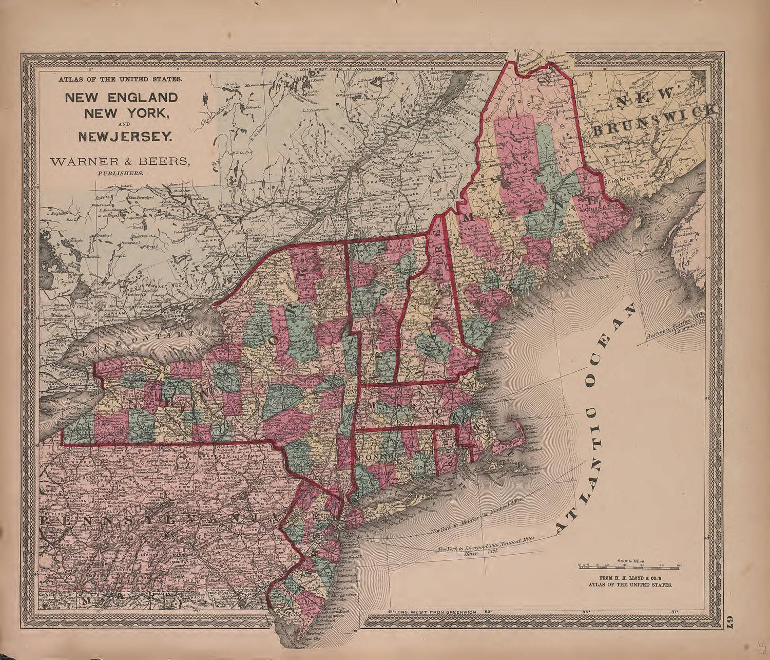 This old map of New England, New York and New Jersey from State of Illinois Combined Town, County, State, National and General Atlas from 1870 was created by  Warner &amp; Beers in 1870