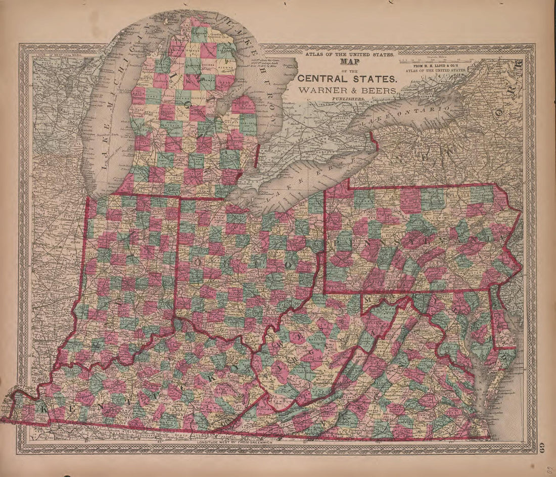 This old map of Map of the Central States, Warner and Beers from State of Illinois Combined Town, County, State, National and General Atlas from 1870 was created by  Warner &amp; Beers in 1870