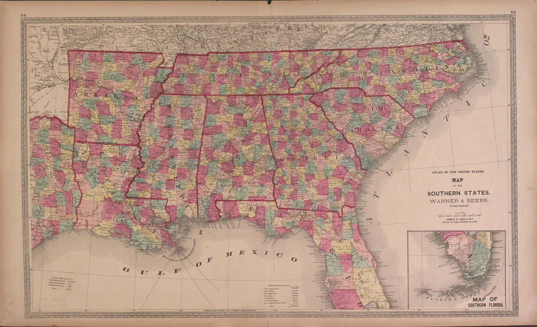 This old map of Map of the Southern States from State of Illinois Combined Town, County, State, National and General Atlas from 1870 was created by  Warner &amp; Beers in 1870