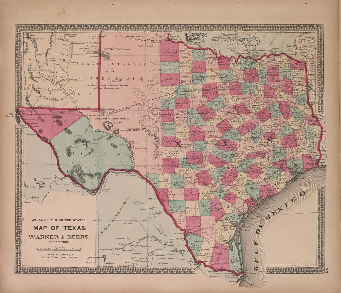 This old map of Map of Texas from State of Illinois Combined Town, County, State, National and General Atlas from 1870 was created by  Warner &amp; Beers in 1870