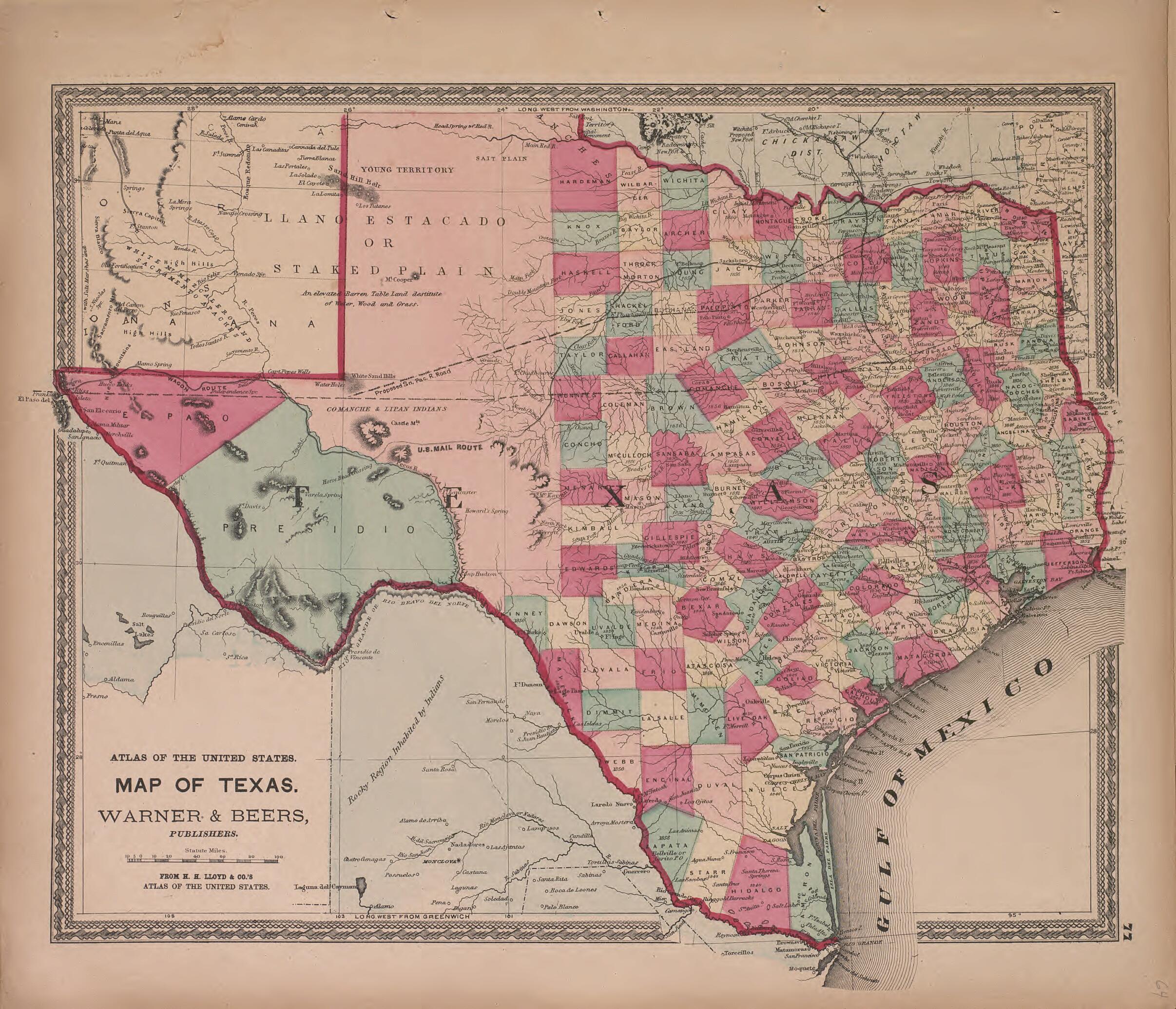 This old map of Map of Texas from State of Illinois Combined Town, County, State, National and General Atlas from 1870 was created by  Warner &amp; Beers in 1870