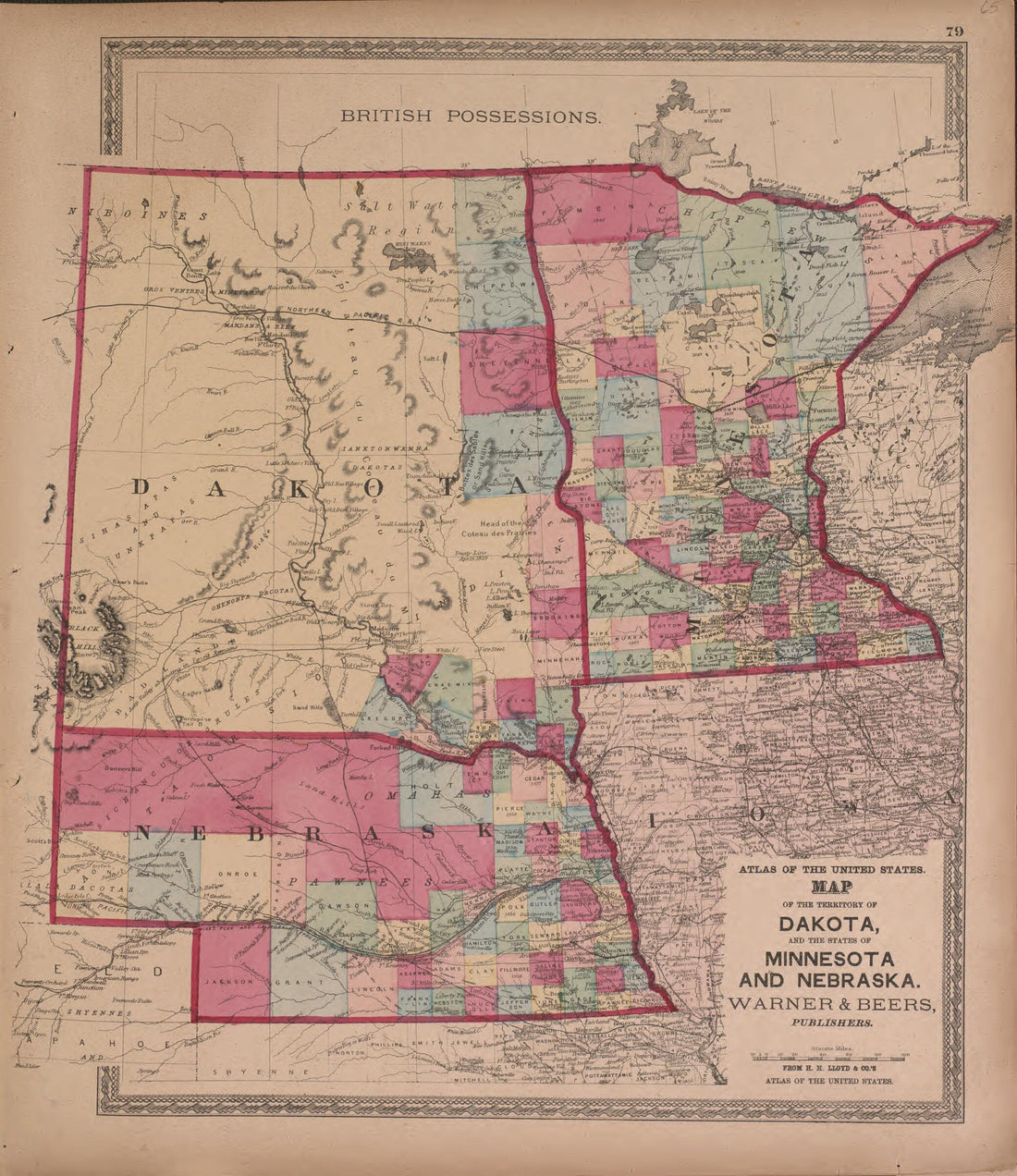 This old map of Map of Dakota, Minnesota and Nebraska from State of Illinois Combined Town, County, State, National and General Atlas from 1870 was created by  Warner &amp; Beers in 1870