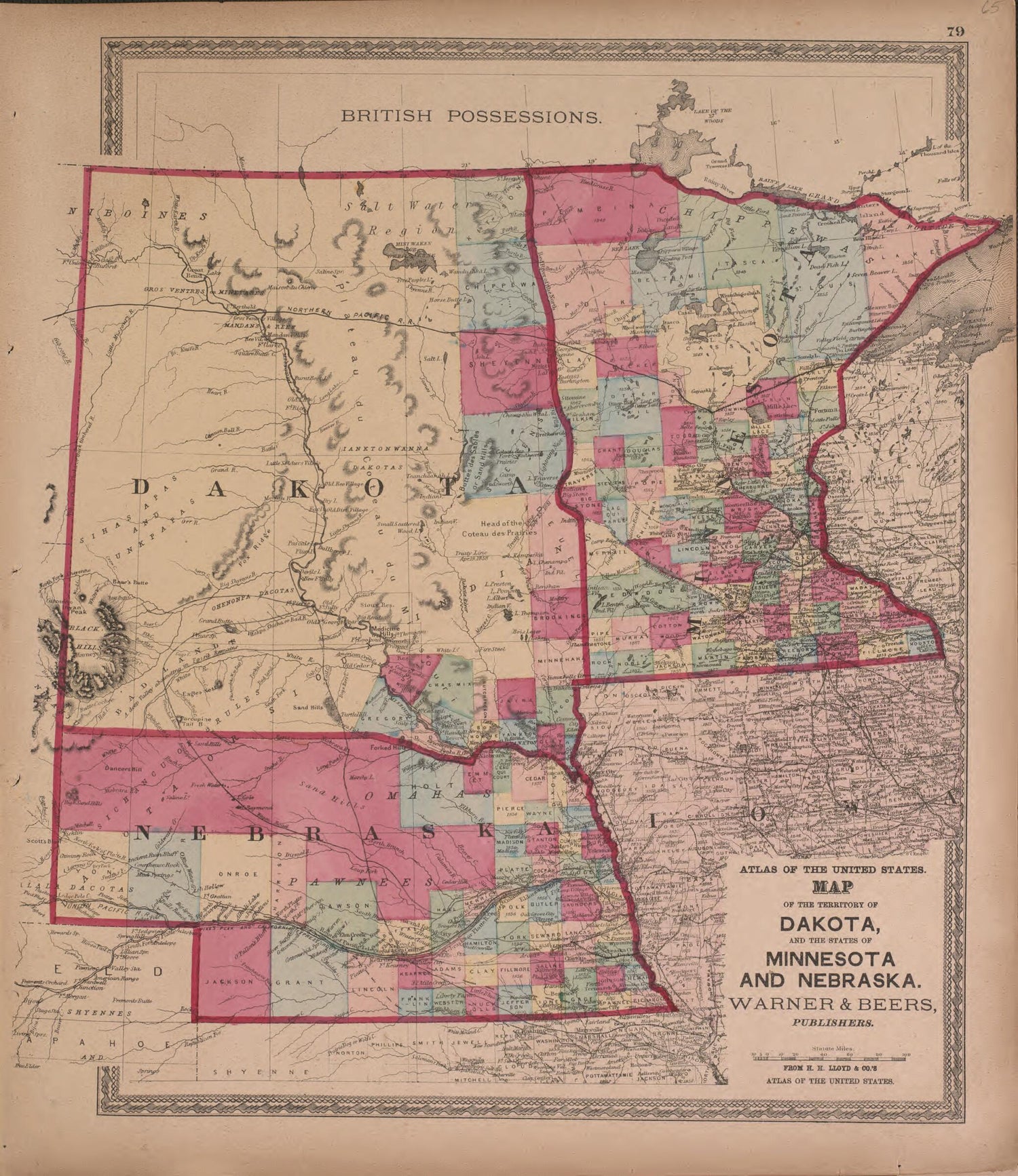 This old map of Map of Dakota, Minnesota and Nebraska from State of Illinois Combined Town, County, State, National and General Atlas from 1870 was created by  Warner &amp; Beers in 1870