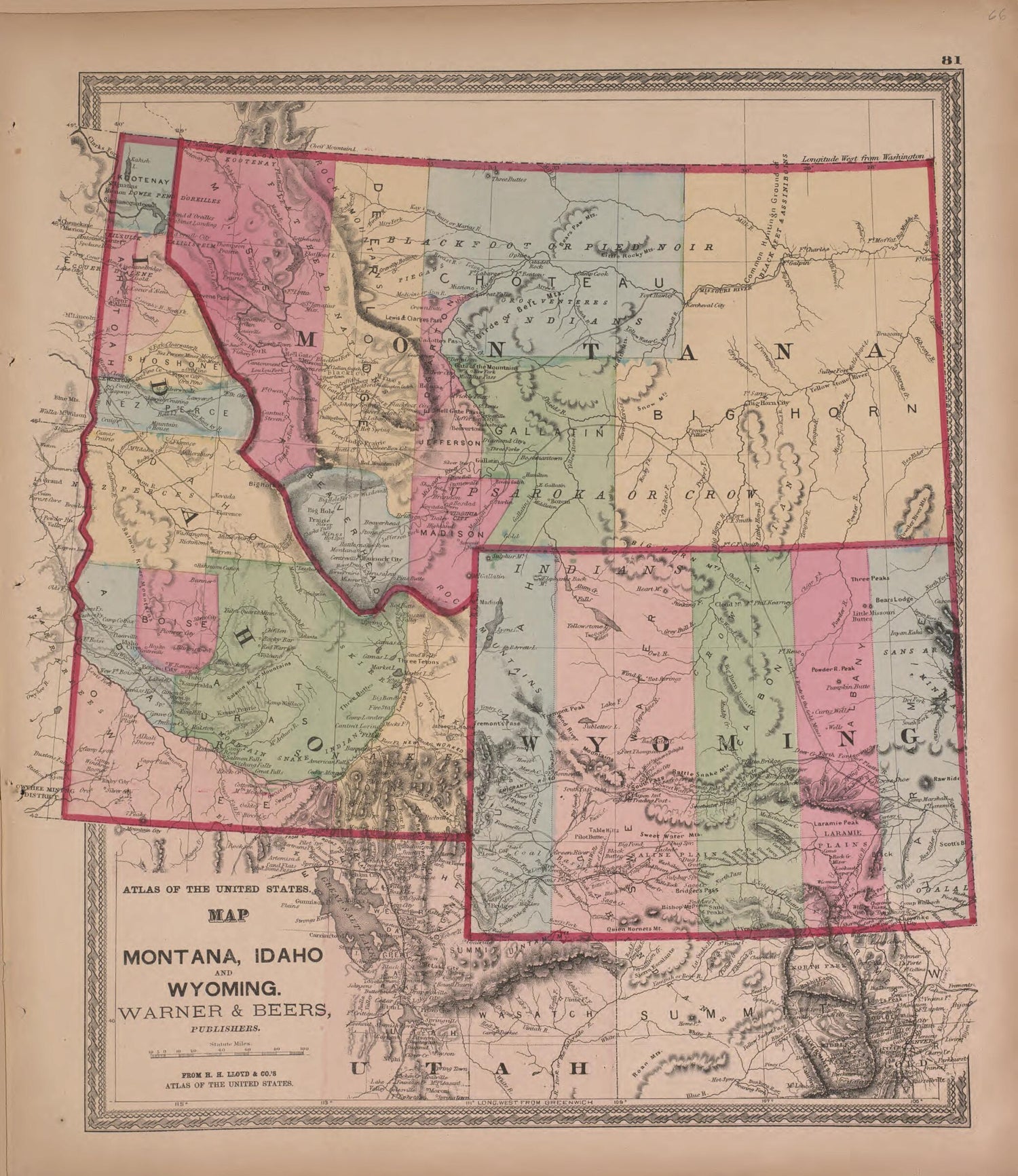 This old map of Map of Montana, Idaho, and Wyoming, Warner and Beers from State of Illinois Combined Town, County, State, National and General Atlas from 1870 was created by  Warner &amp; Beers in 1870