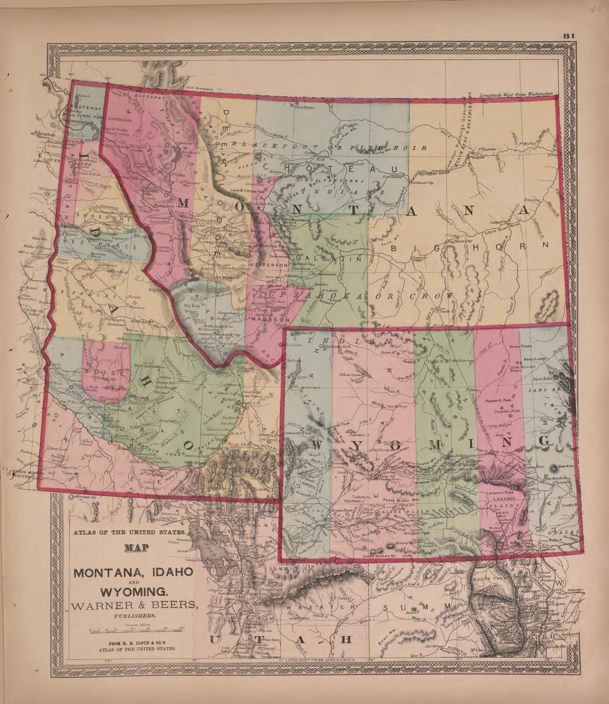 This old map of Map of Montana, Idaho, and Wyoming, Warner and Beers from State of Illinois Combined Town, County, State, National and General Atlas from 1870 was created by  Warner &amp; Beers in 1870