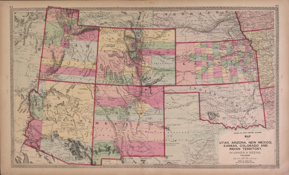 This old map of Map of Utah, Arizona, New Mexico, Knasas, Colorado from State of Illinois Combined Town, County, State, National and General Atlas from 1870 was created by  Warner &amp; Beers in 1870