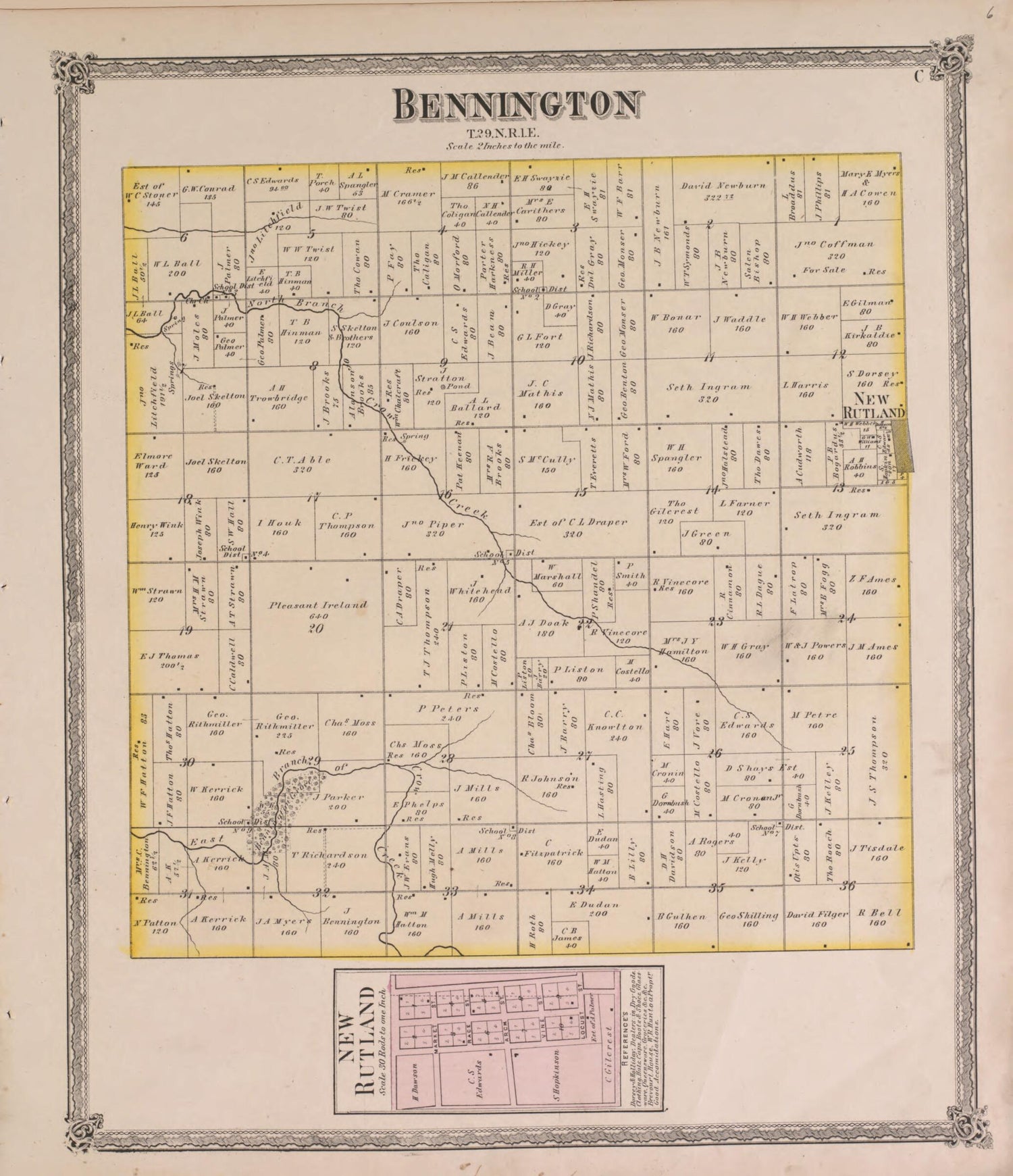 This old map of Bennington from State of Illinois Combined Town, County, State, National and General Atlas from 1870 was created by  Warner &amp; Beers in 1870