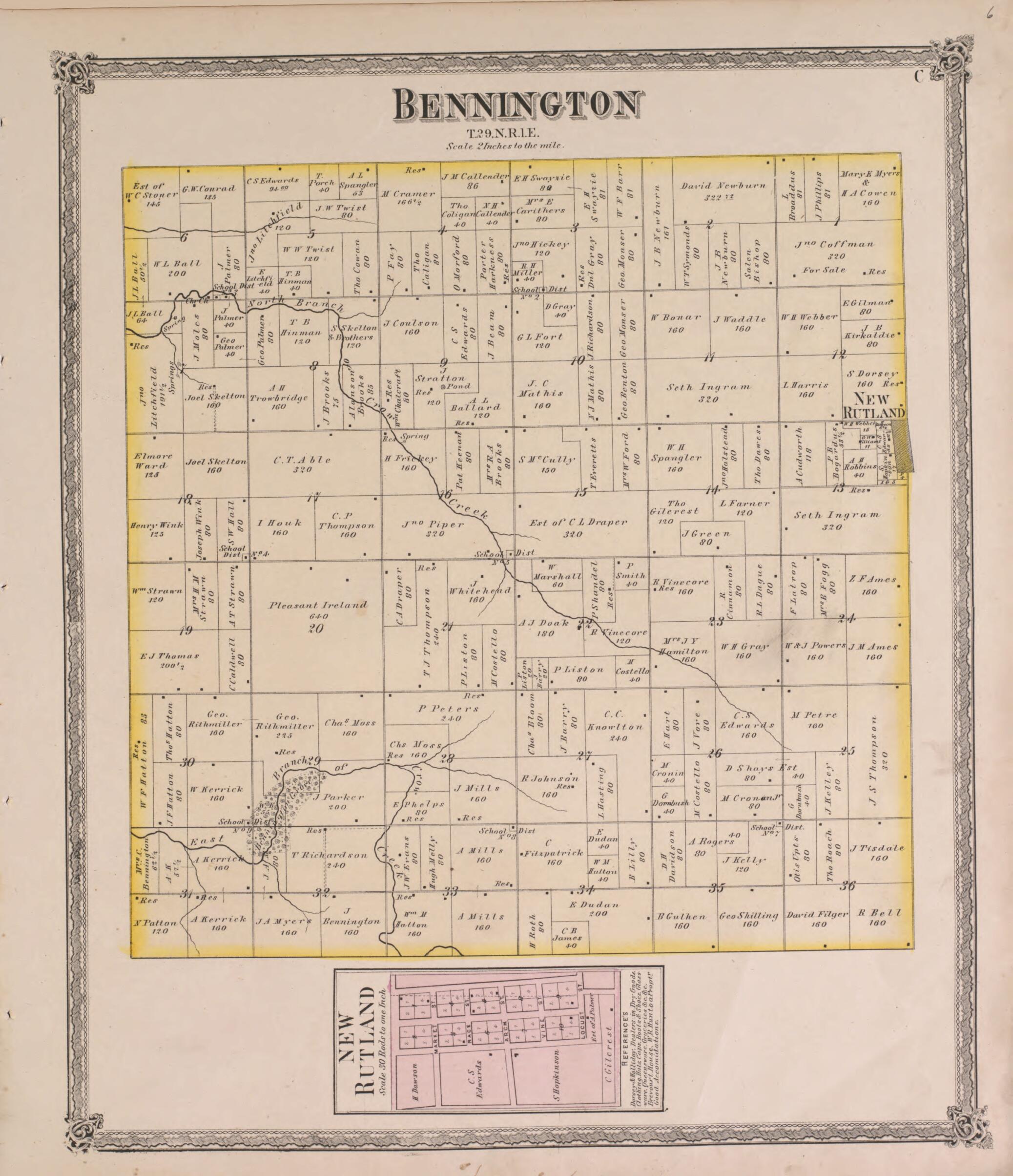 This old map of Bennington from State of Illinois Combined Town, County, State, National and General Atlas from 1870 was created by  Warner &amp; Beers in 1870