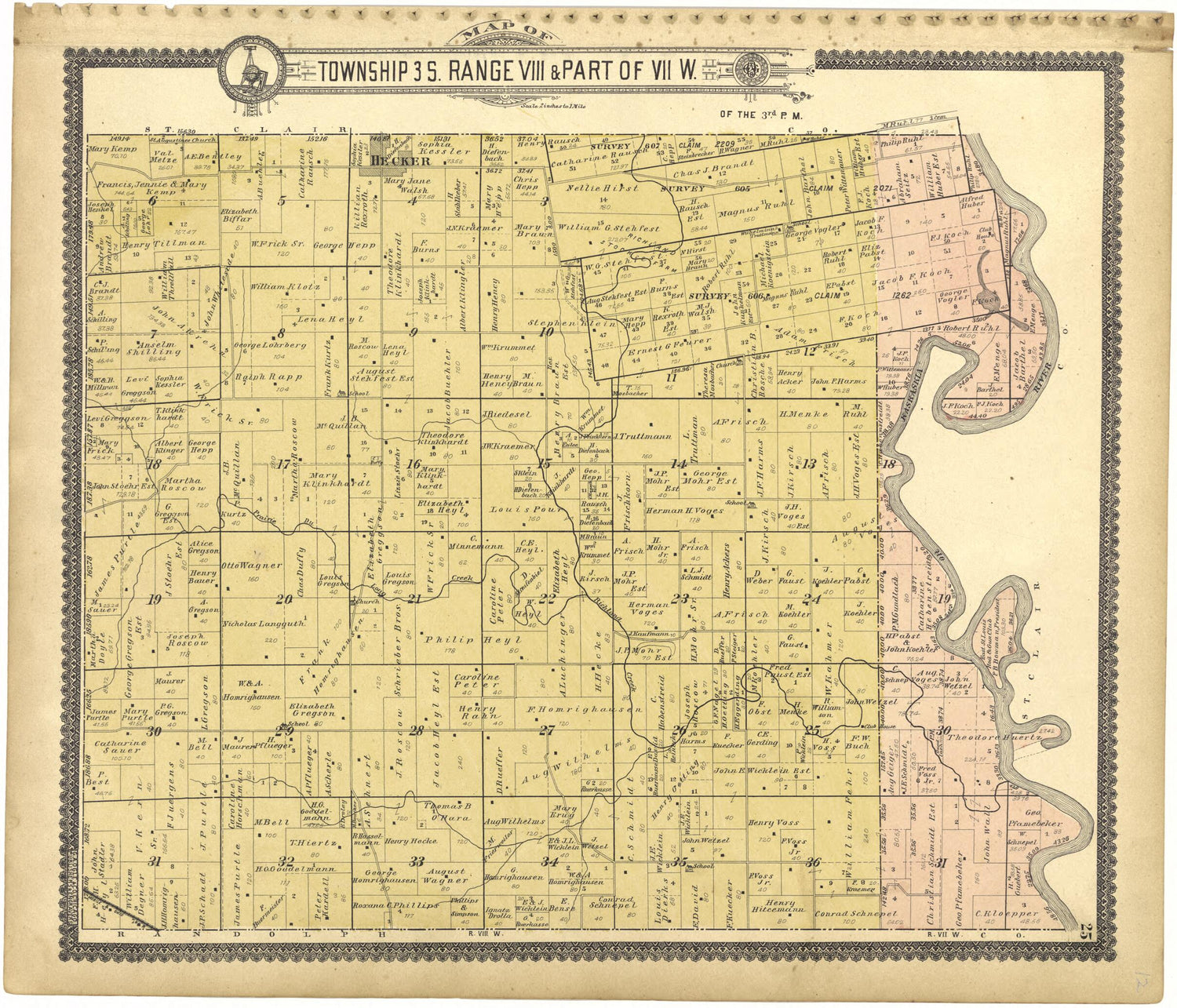 This old map of Map of Township 3 S. Range VIII W. from Standard Atlas of Monroe County, Illinois from 1901 was created by  Geo. A. Ogle &amp; Co in 1901