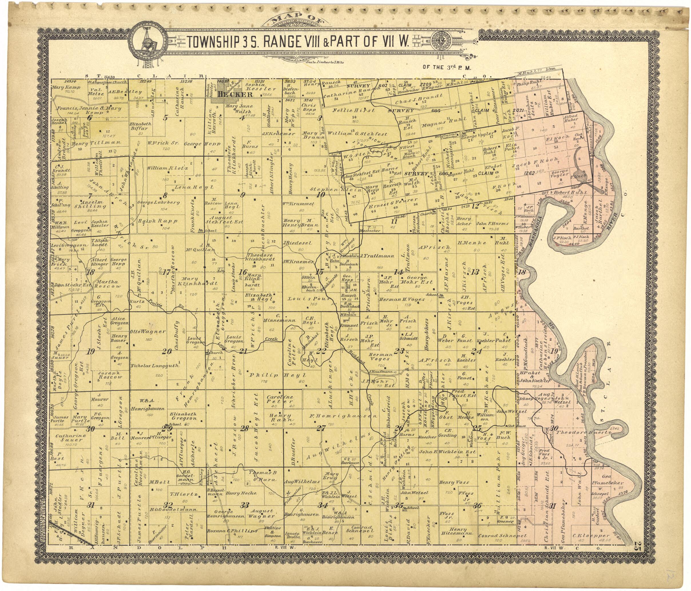 This old map of Map of Township 3 S. Range VIII W. from Standard Atlas of Monroe County, Illinois from 1901 was created by  Geo. A. Ogle &amp; Co in 1901