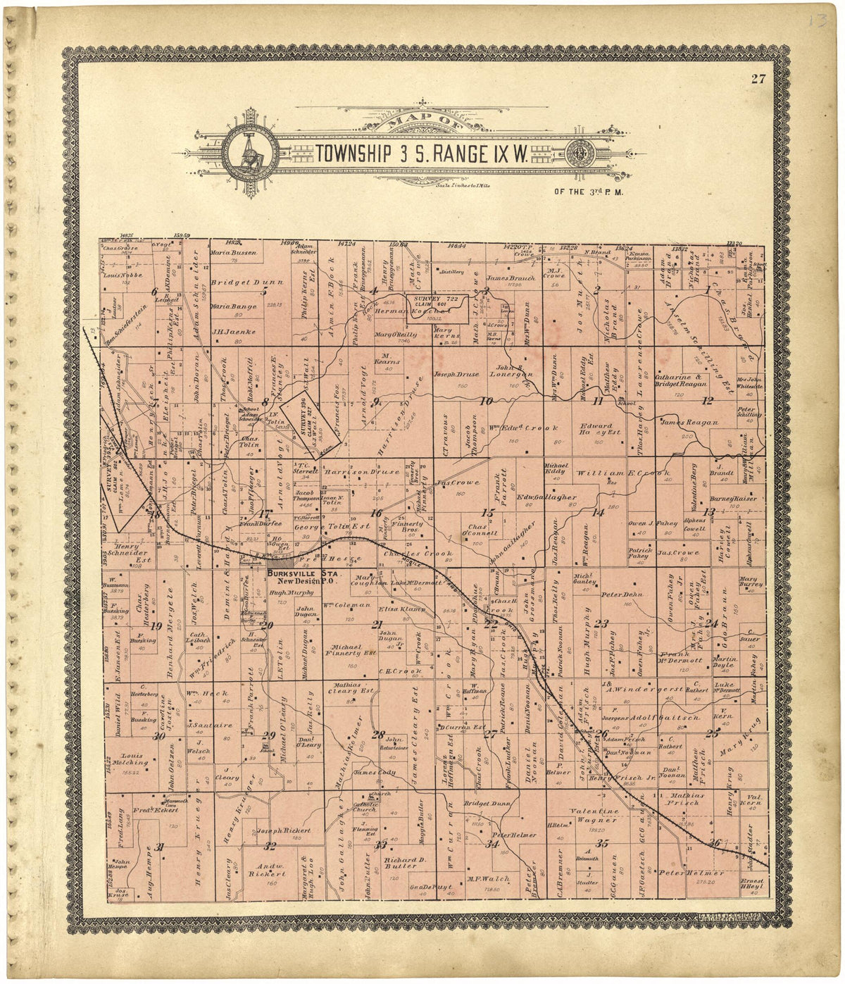 Map of Township 3 S. Range IX W. from Standard Atlas of Monroe County, Illinois 1901 by Relic Map Company
